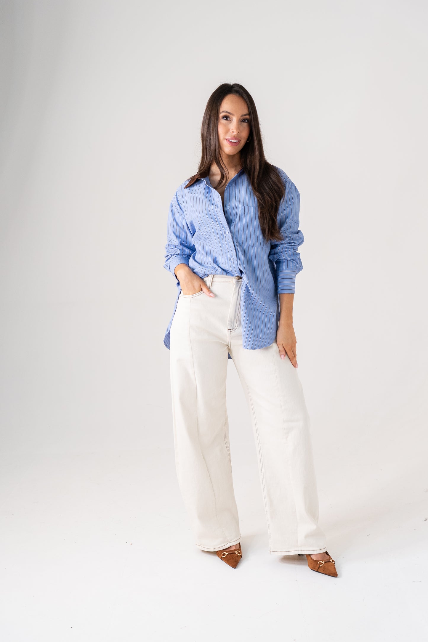 Millie Contrast Collar Stripe Shirt In Blue