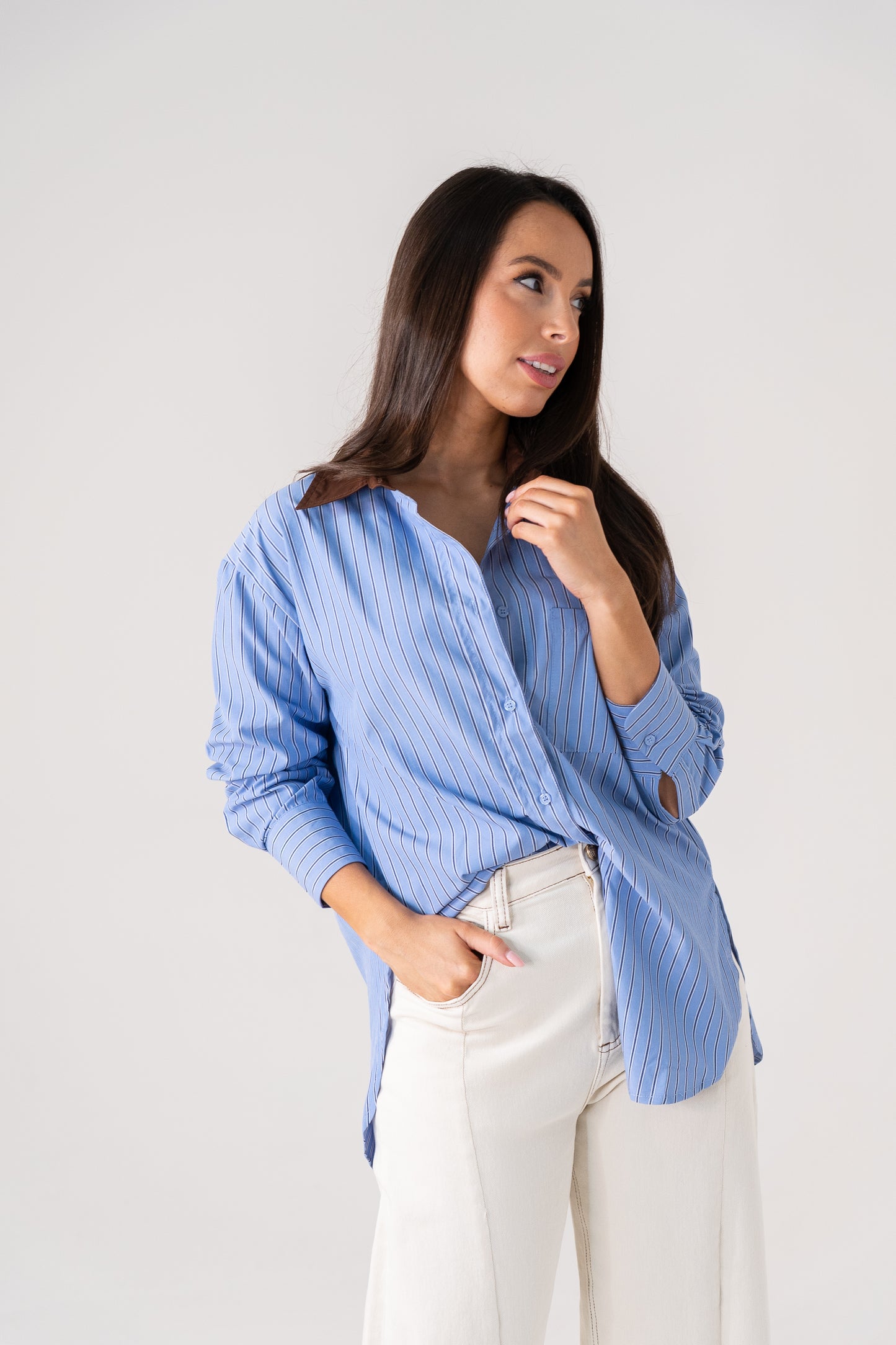 Millie Contrast Collar Stripe Shirt In Blue