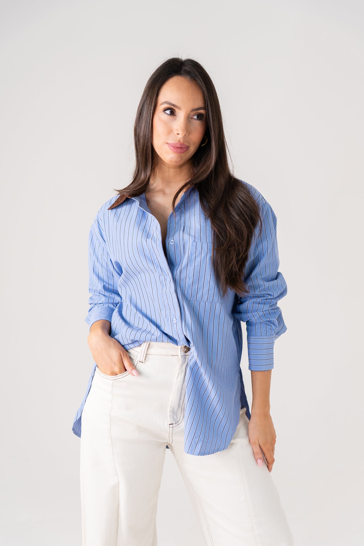 Millie Contrast Collar Stripe Shirt In Blue