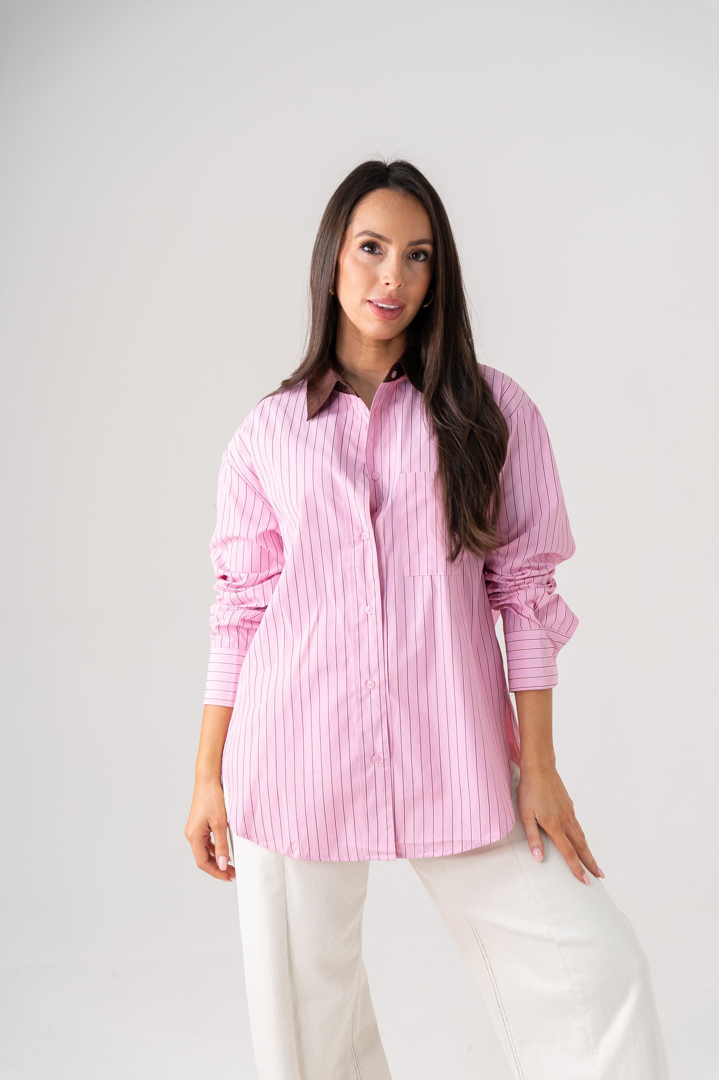 Millie Contrast Collar Stripe Shirt In Pink