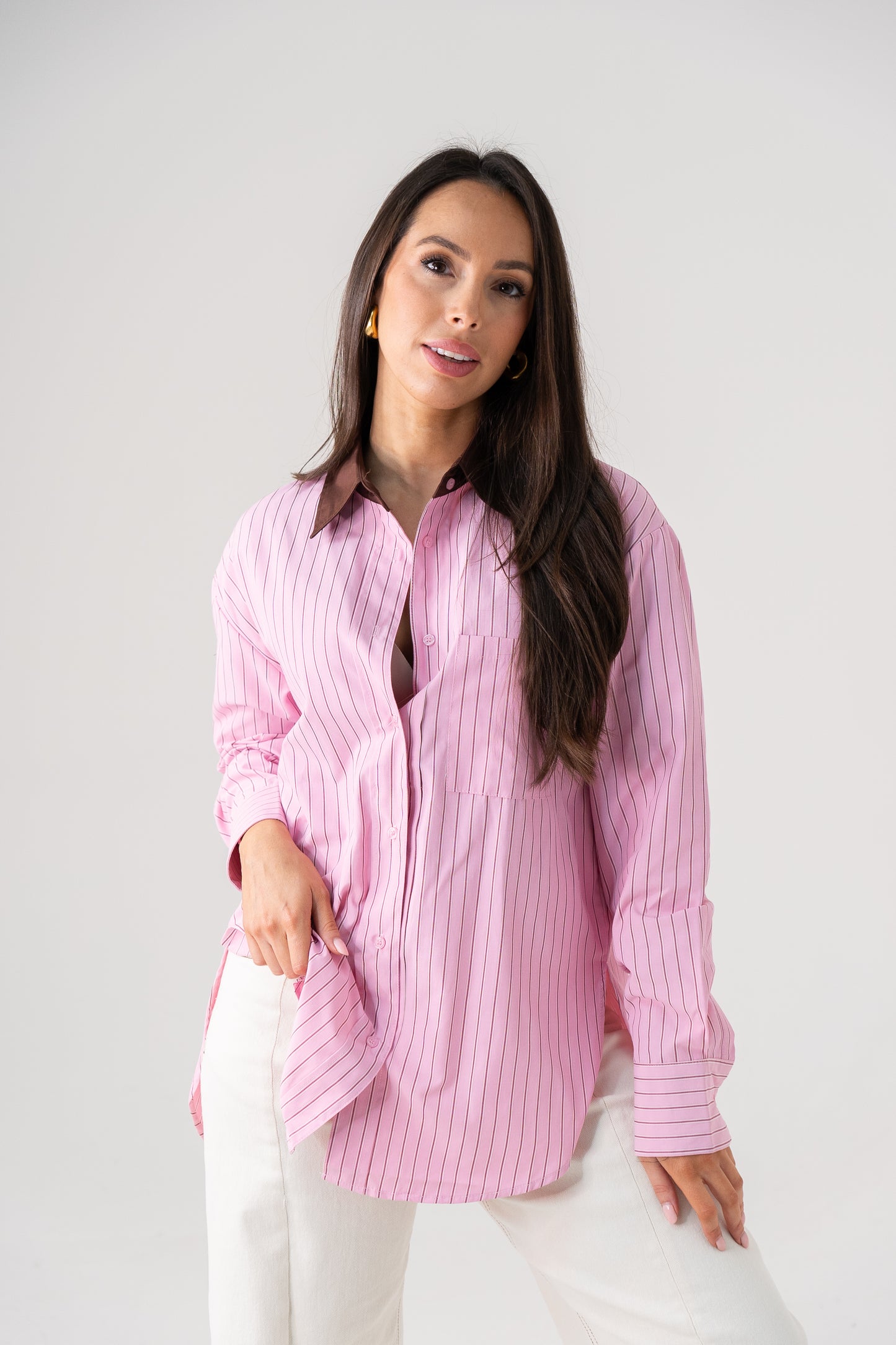 Millie Contrast Collar Stripe Shirt In Pink