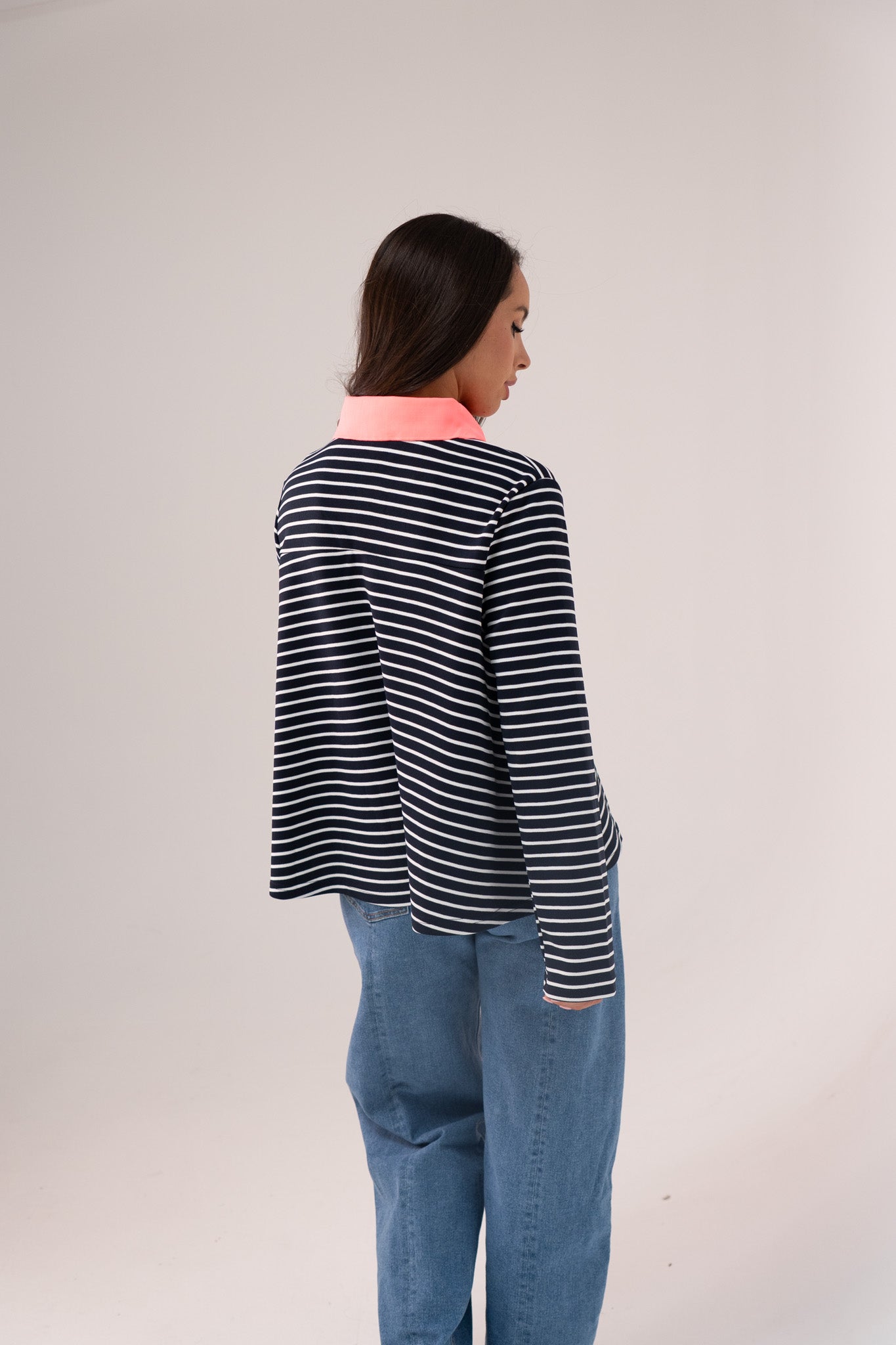 Millie Contrast Collar Top In Navy Stripe