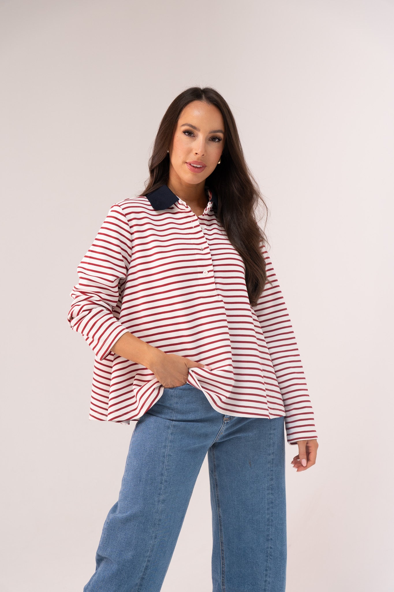 Millie Contrast Collar Top In Wine Stripe