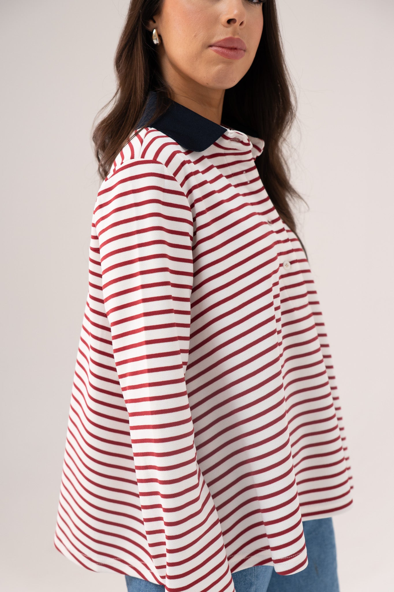Millie Contrast Collar Top In Wine Stripe
