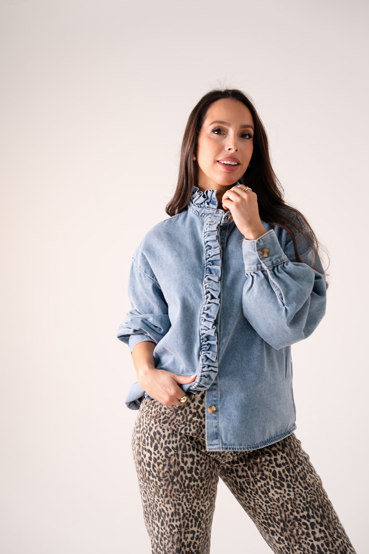 Millie Frill Detail Denim Shirt In Light Wash