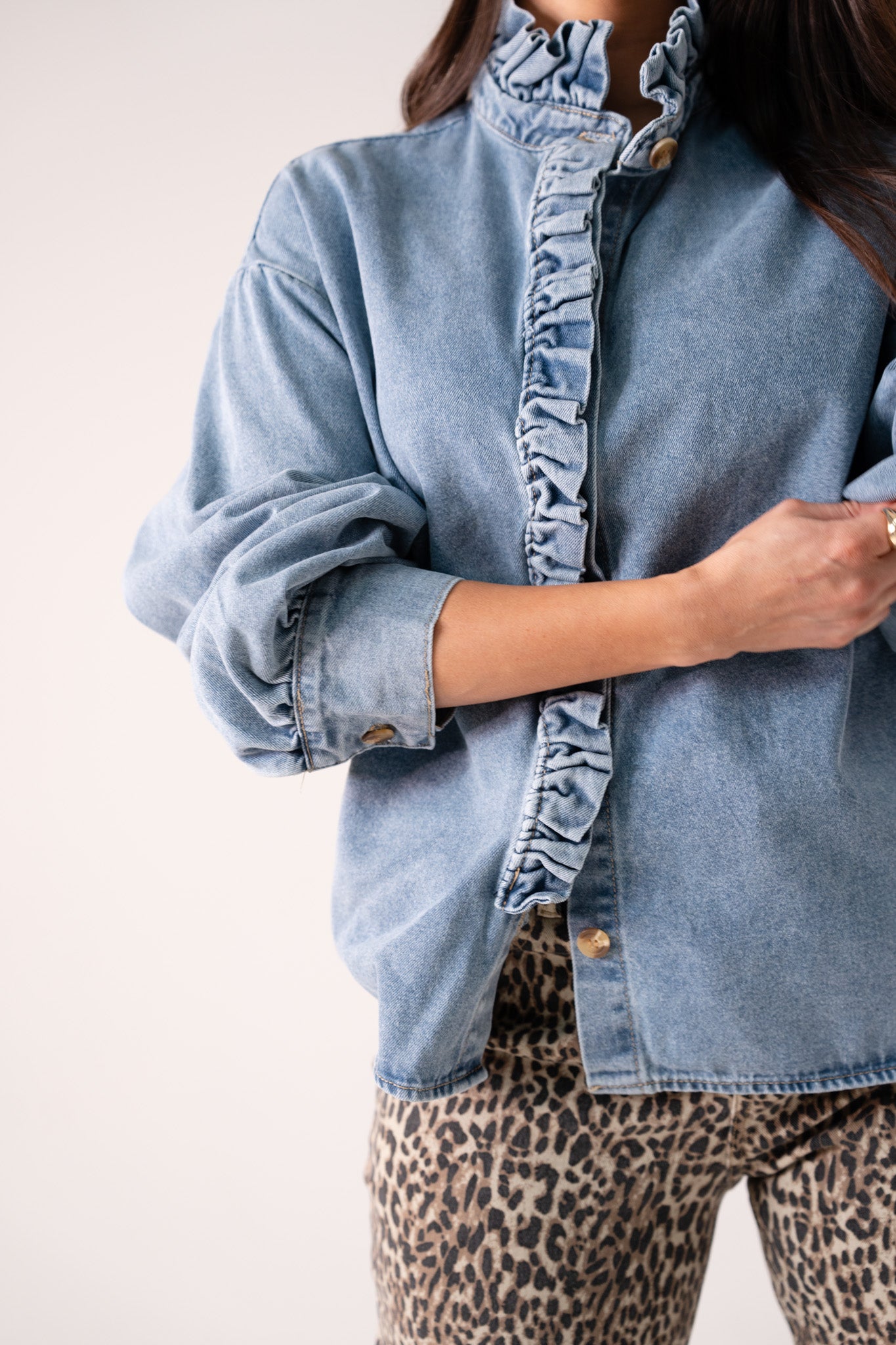 Millie Frill Detail Denim Shirt In Light Wash