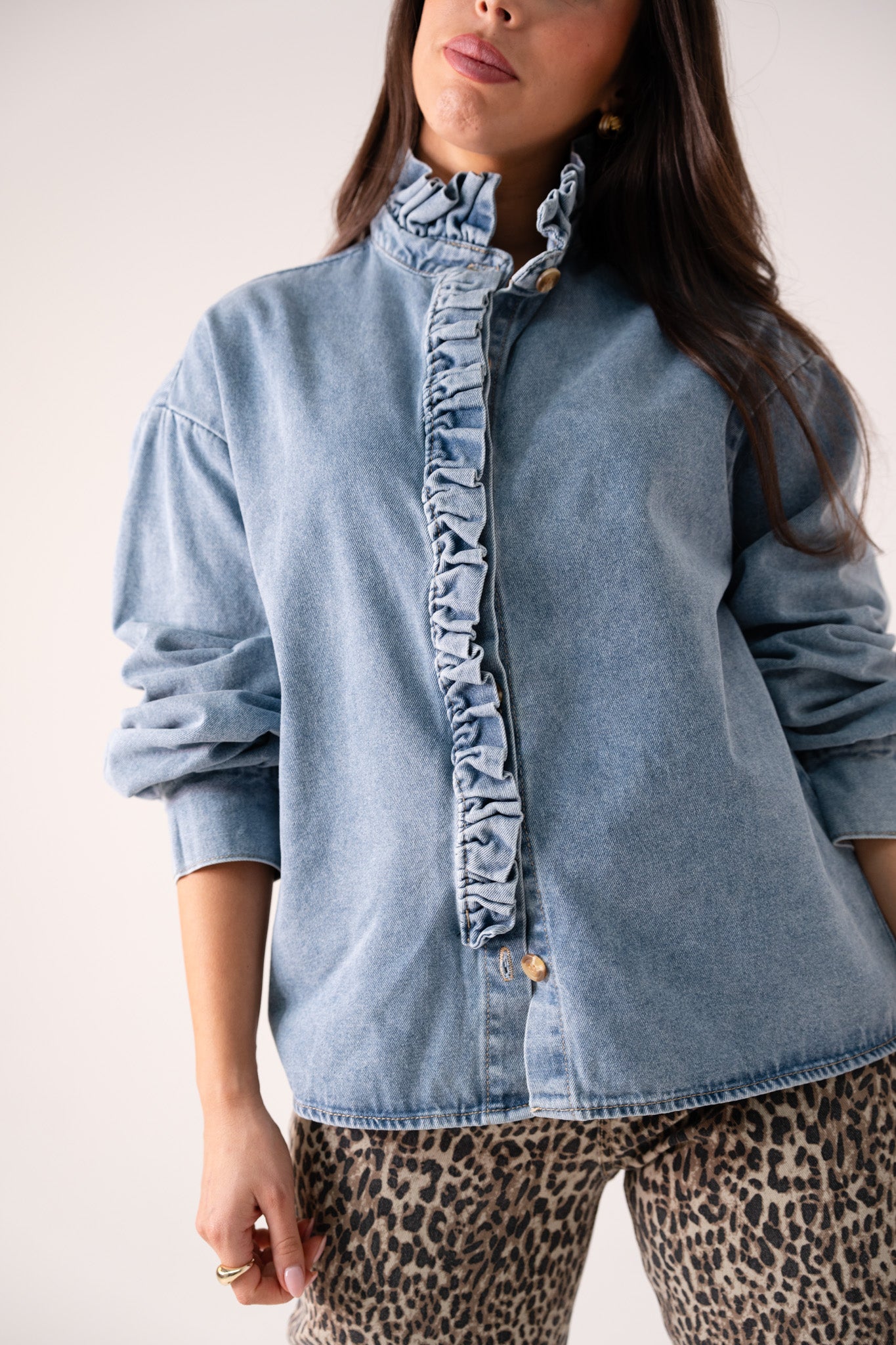 Millie Frill Detail Denim Shirt In Light Wash