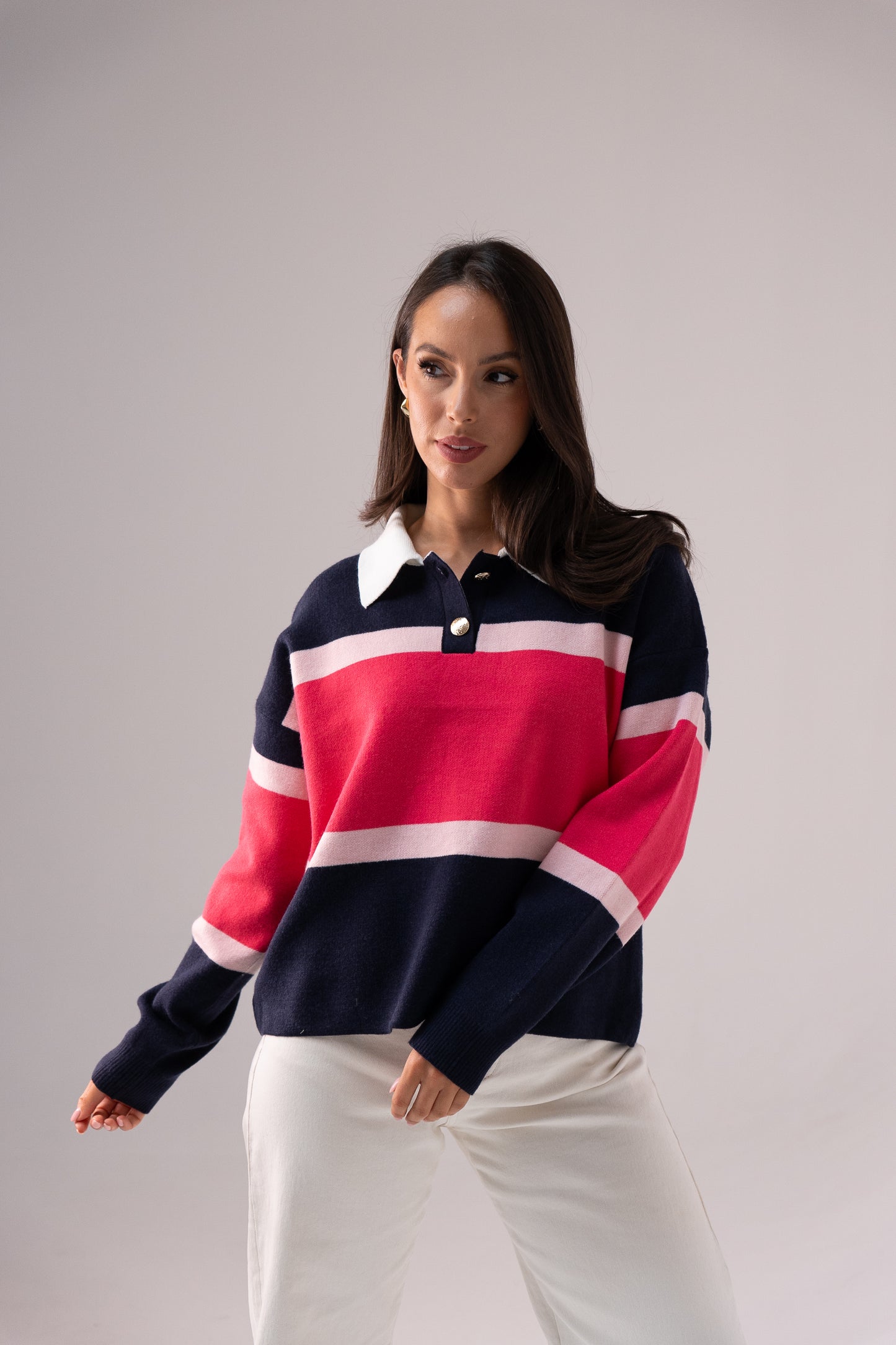 Millie Fuchsia Stripe Rugby Top In Navy