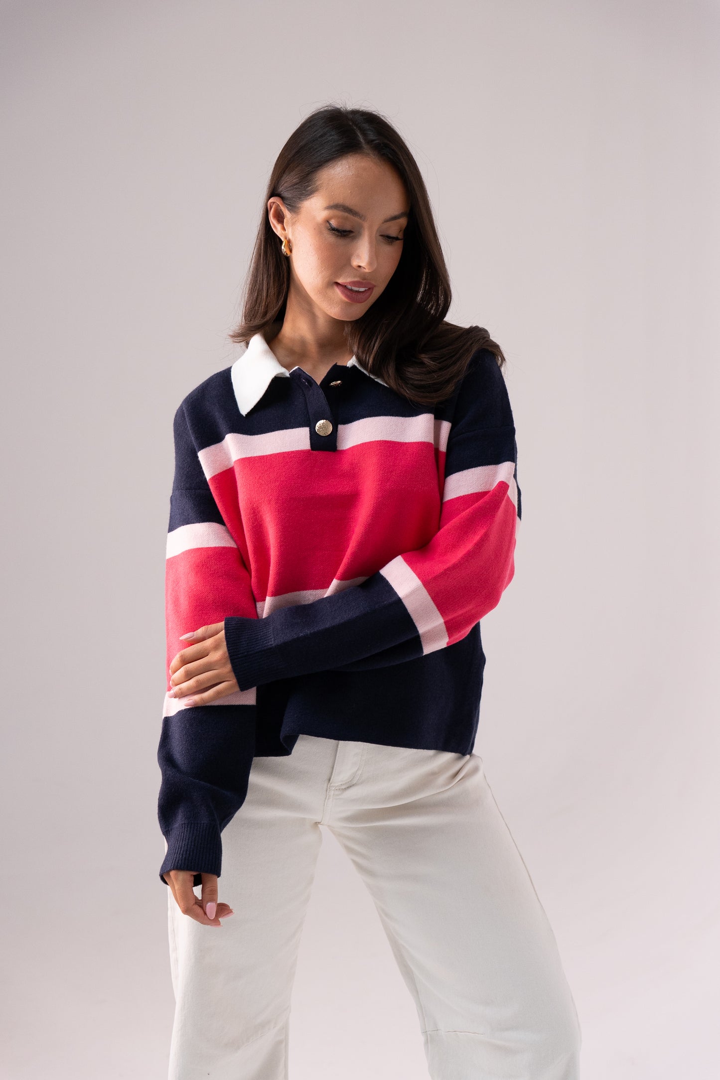 Millie Fuchsia Stripe Rugby Top In Navy