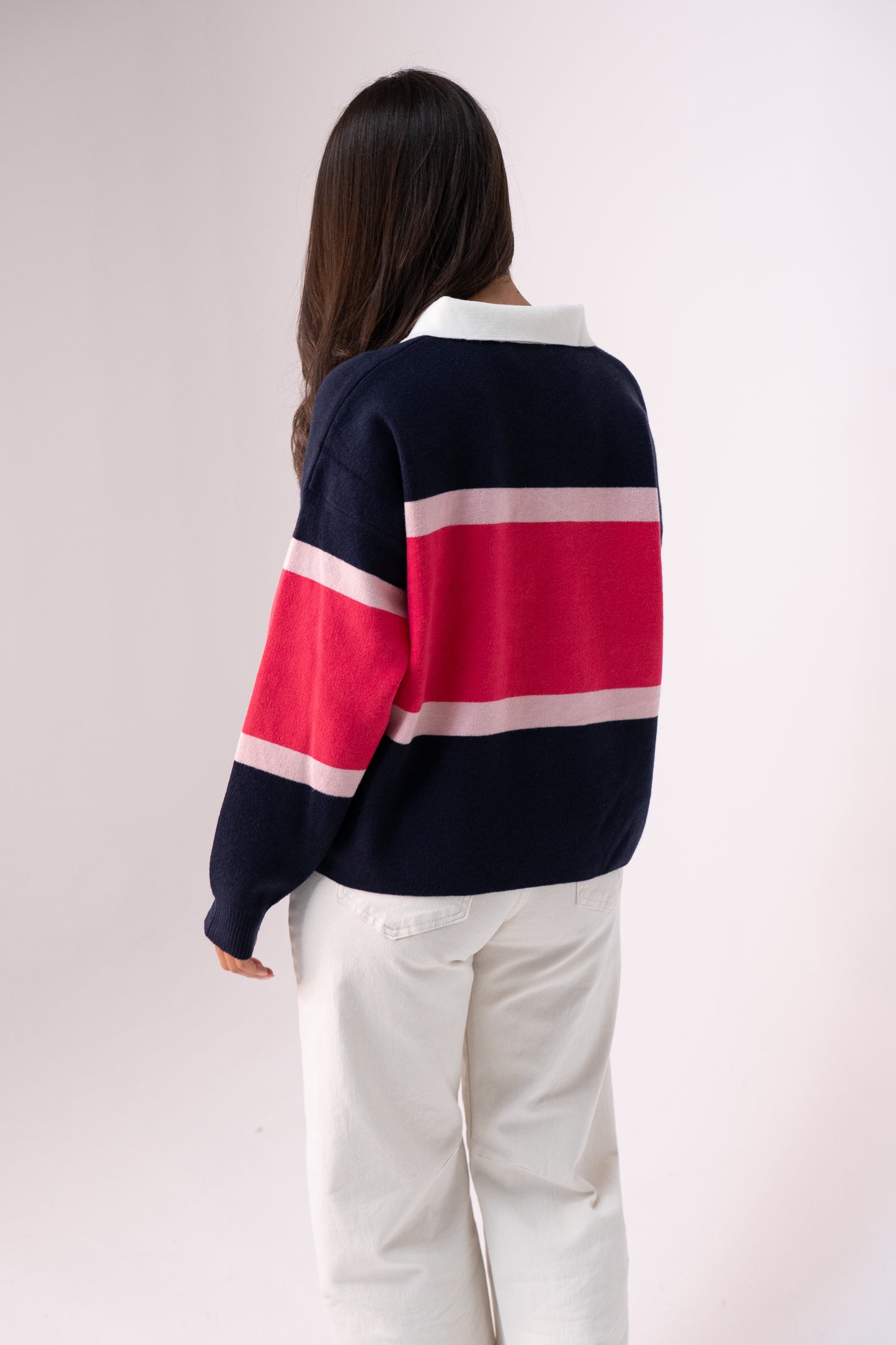 Millie Fuchsia Stripe Rugby Top In Navy
