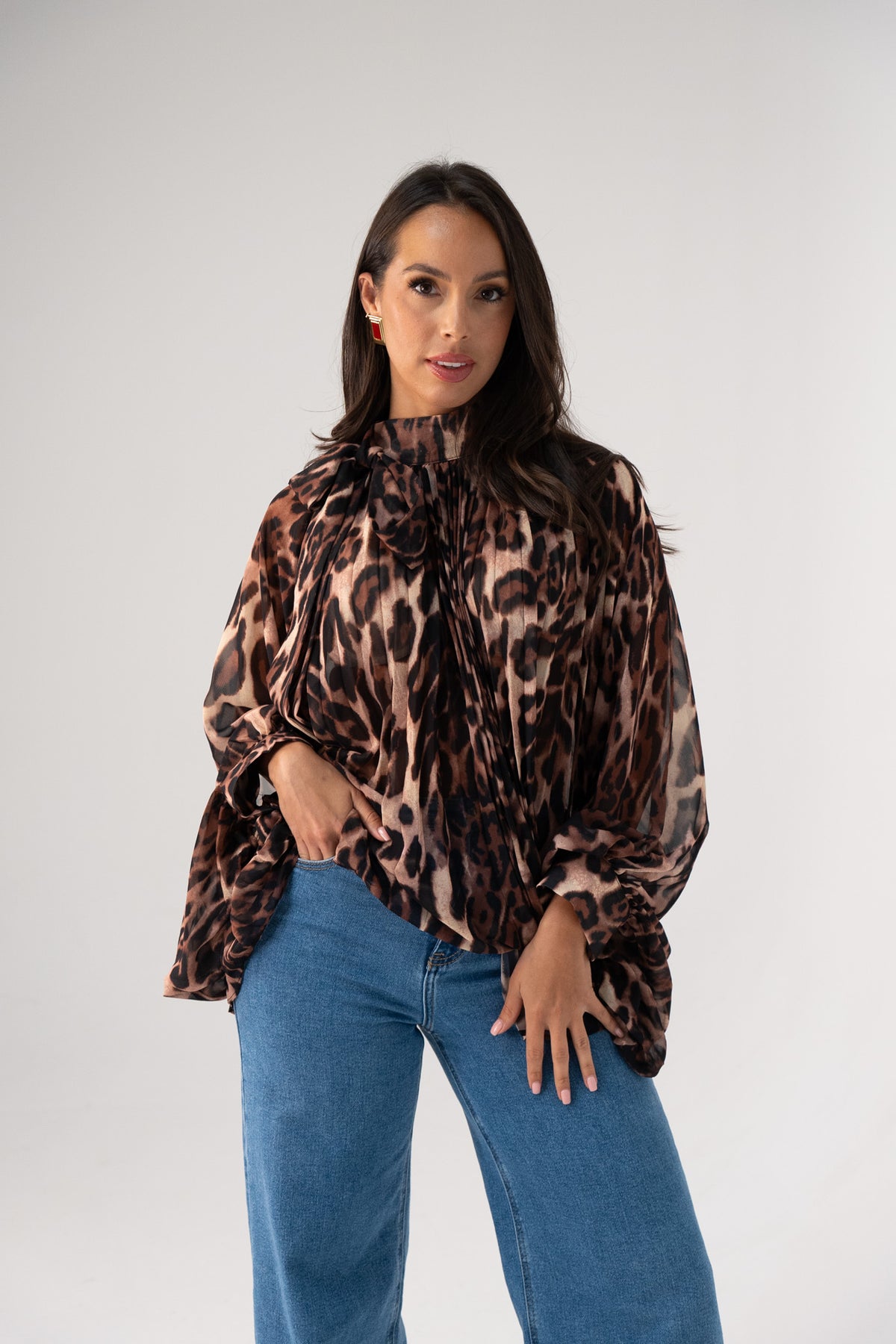 Millie High Neck Drape Top In Leopard Print