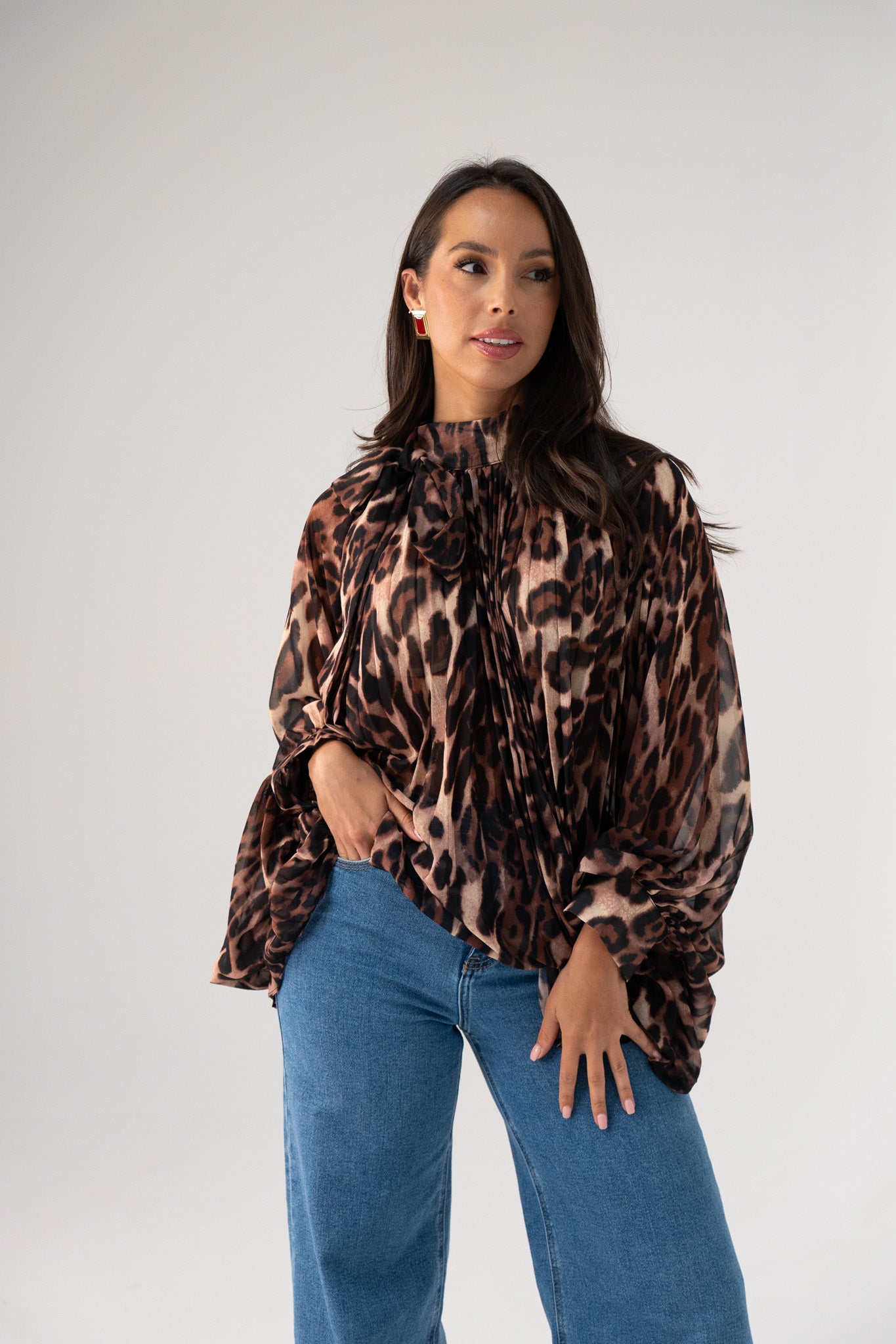 Millie High Neck Drape Top In Leopard Print