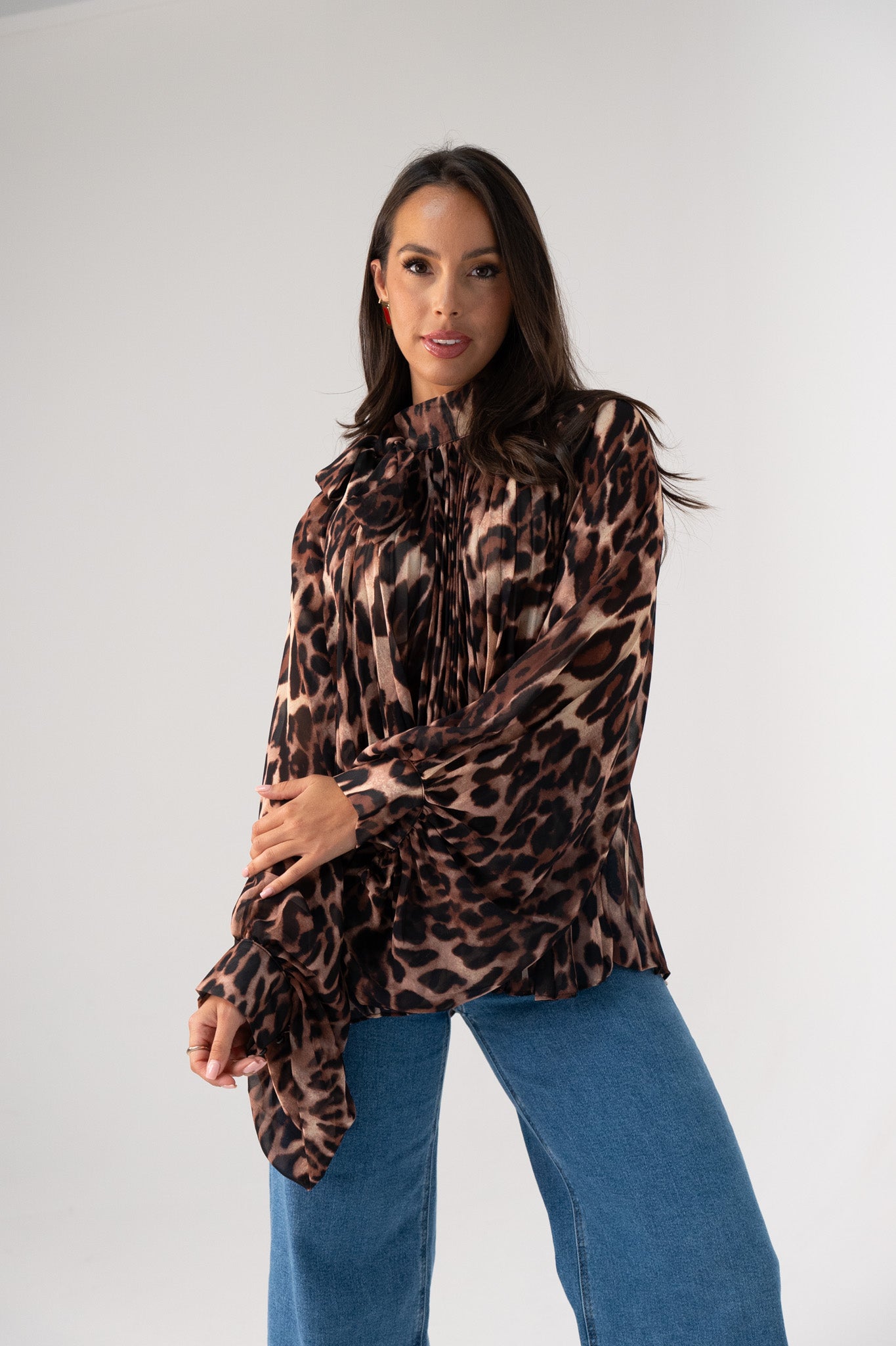 Millie High Neck Drape Top In Leopard Print