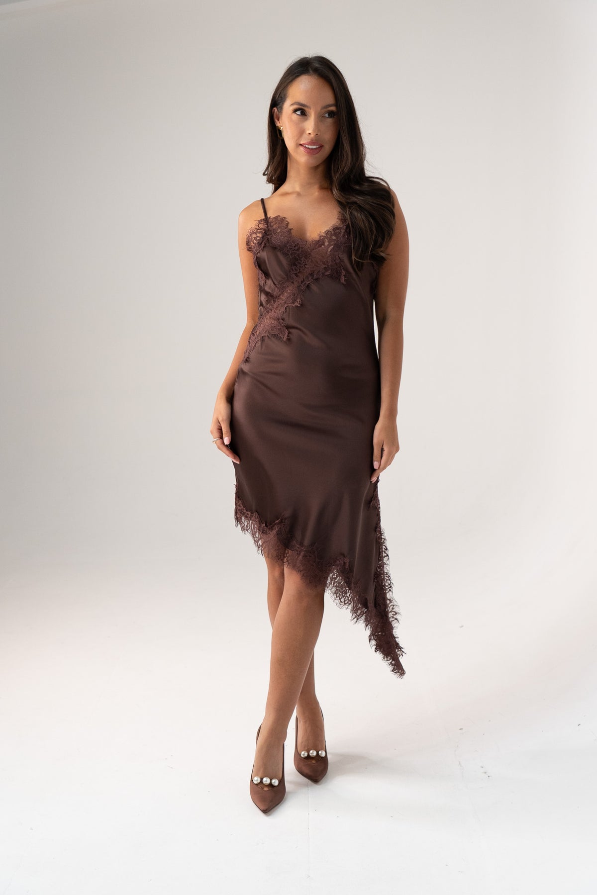 Millie Lace Trim Cami Dress In Chocolate