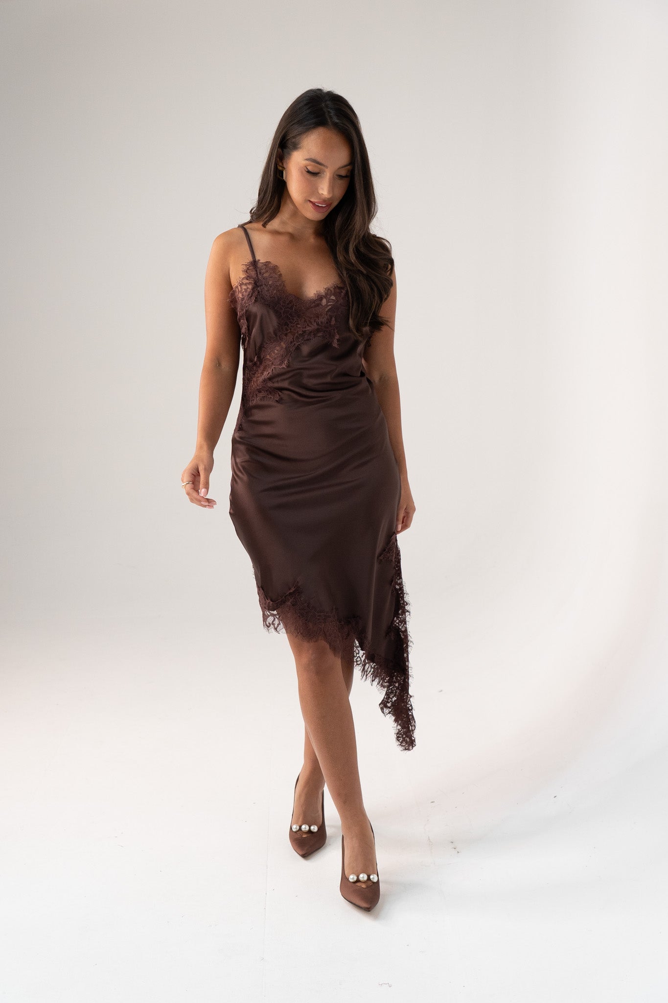 Millie Lace Trim Cami Dress In Chocolate