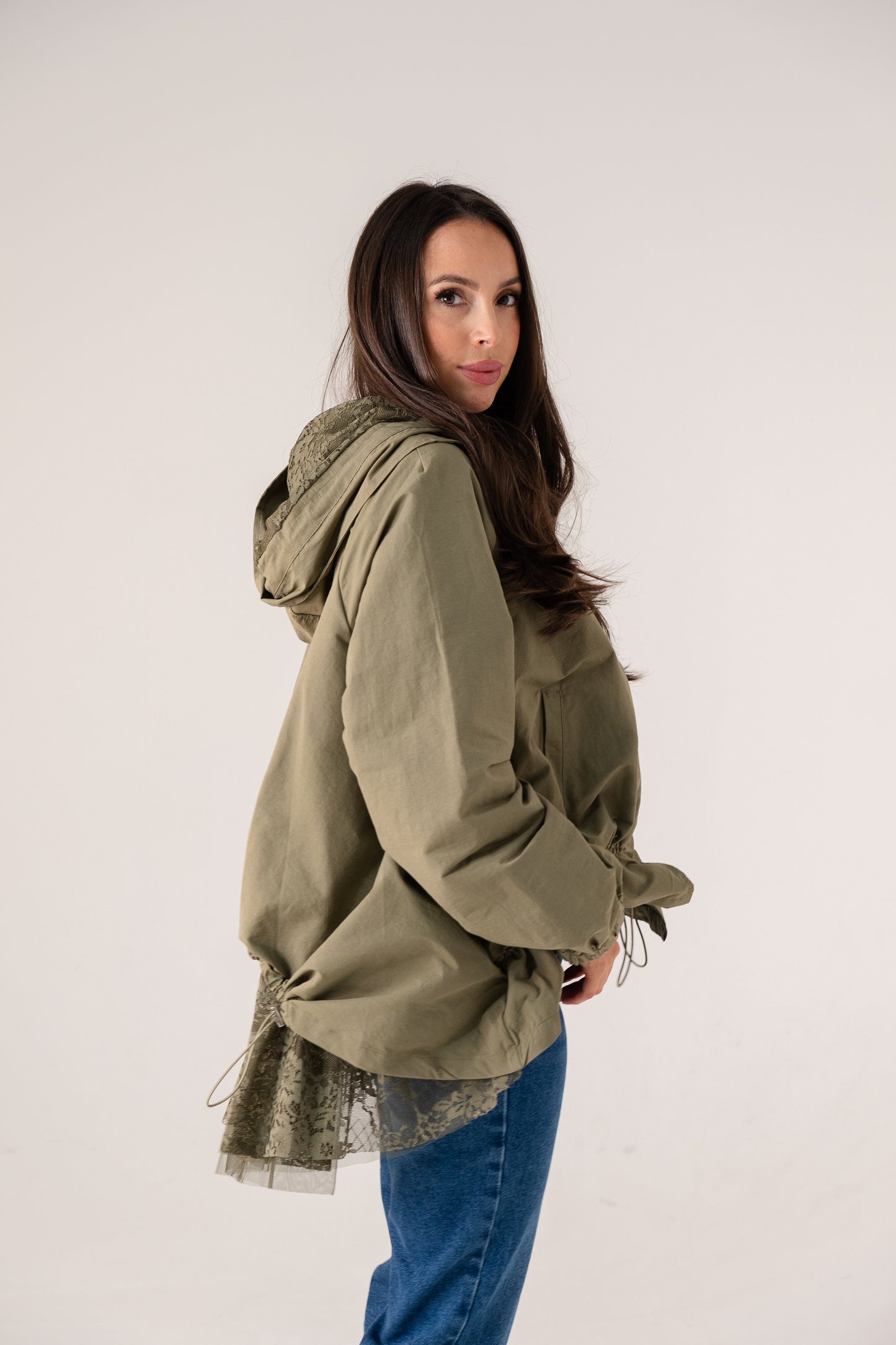 Millie Lace Trim Jacket In Khaki