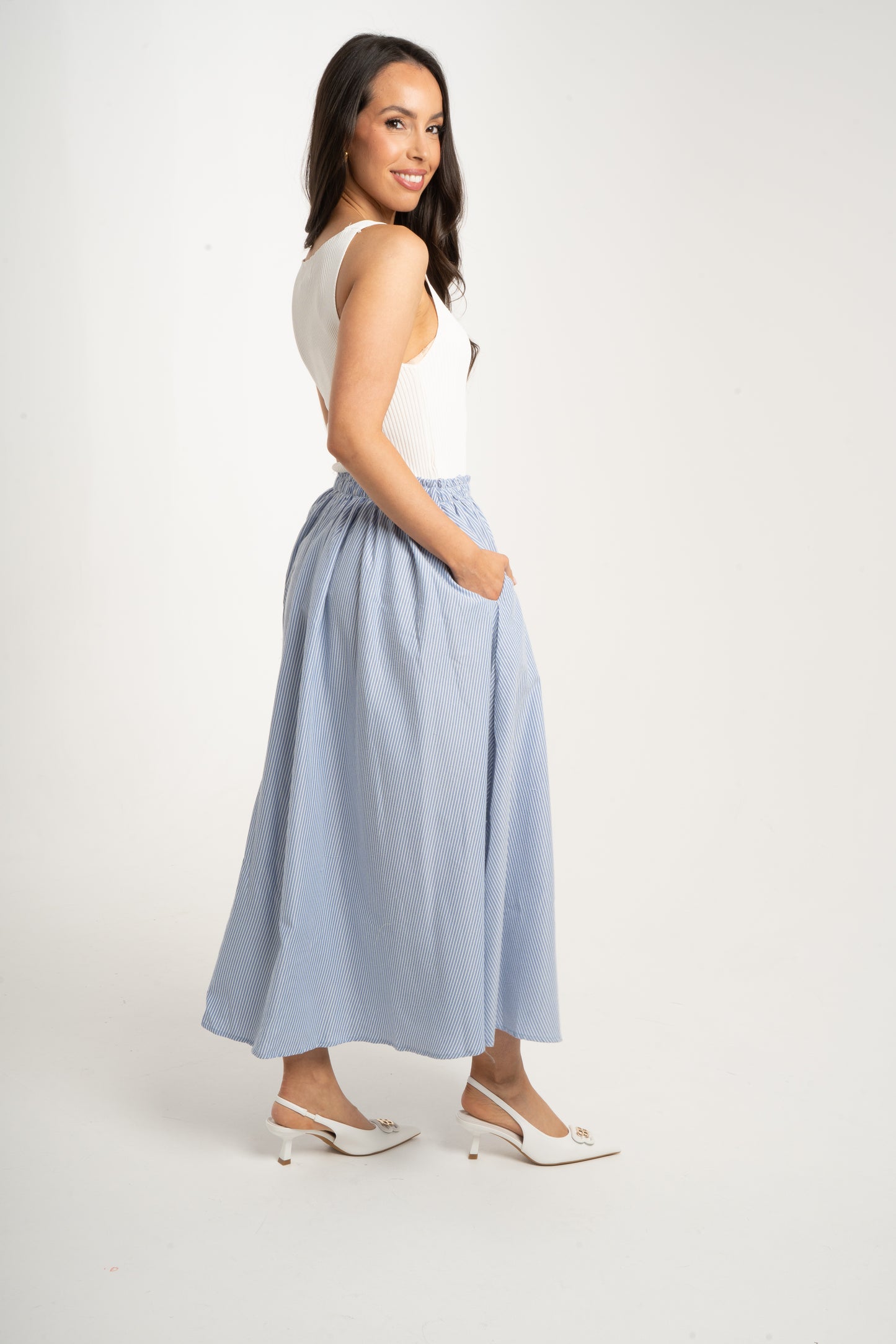 Millie Pinstripe Maxi Skirt In Blue