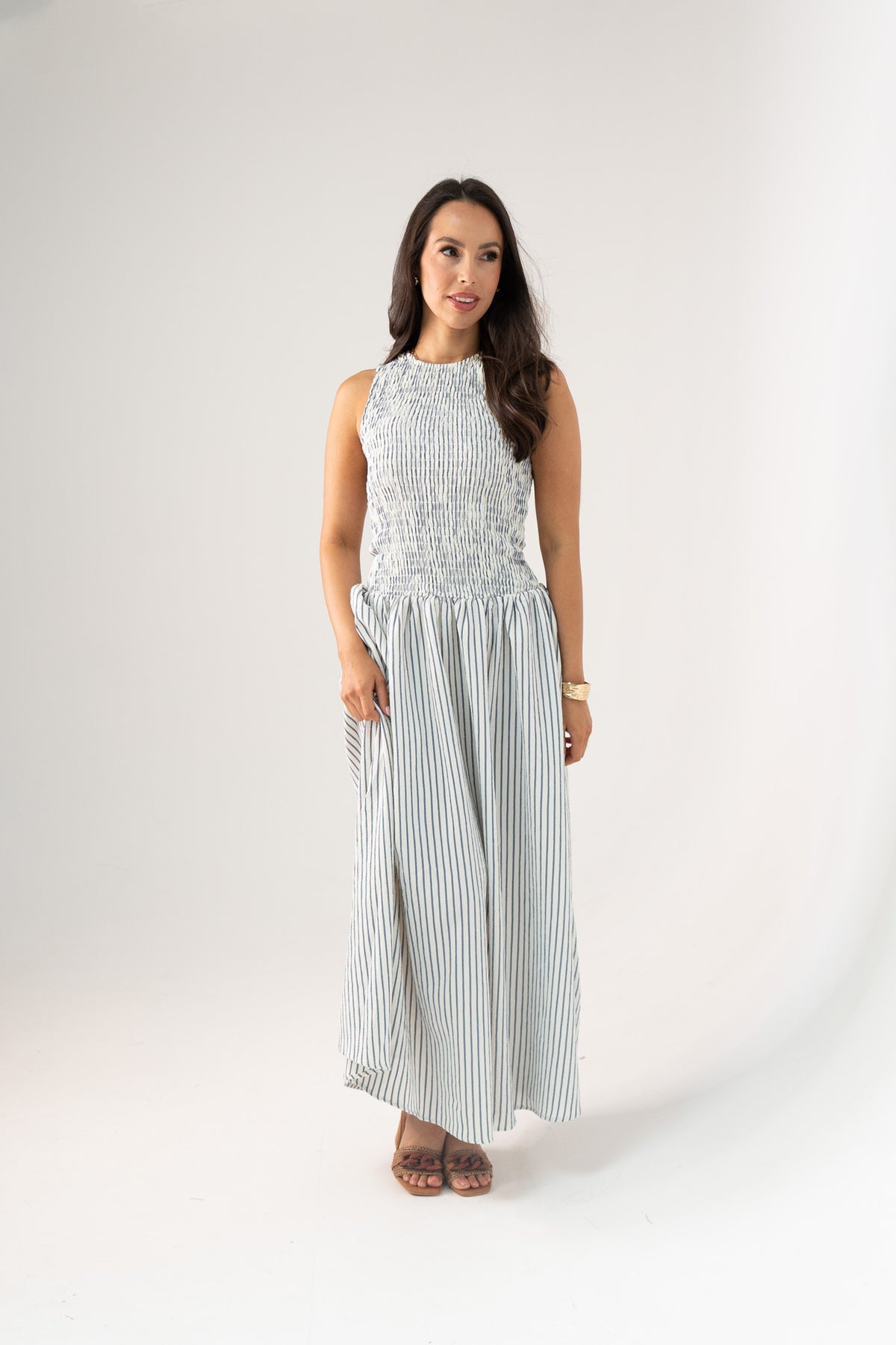 Millie Pinstripe Smock Dress In Navy
