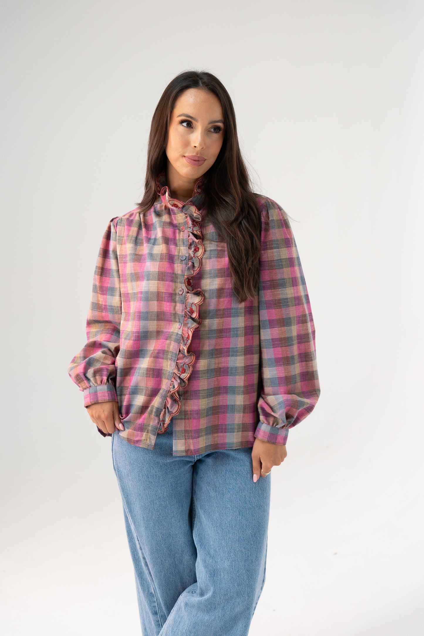Millie Ruffle Front Check Shirt In Pink Mix