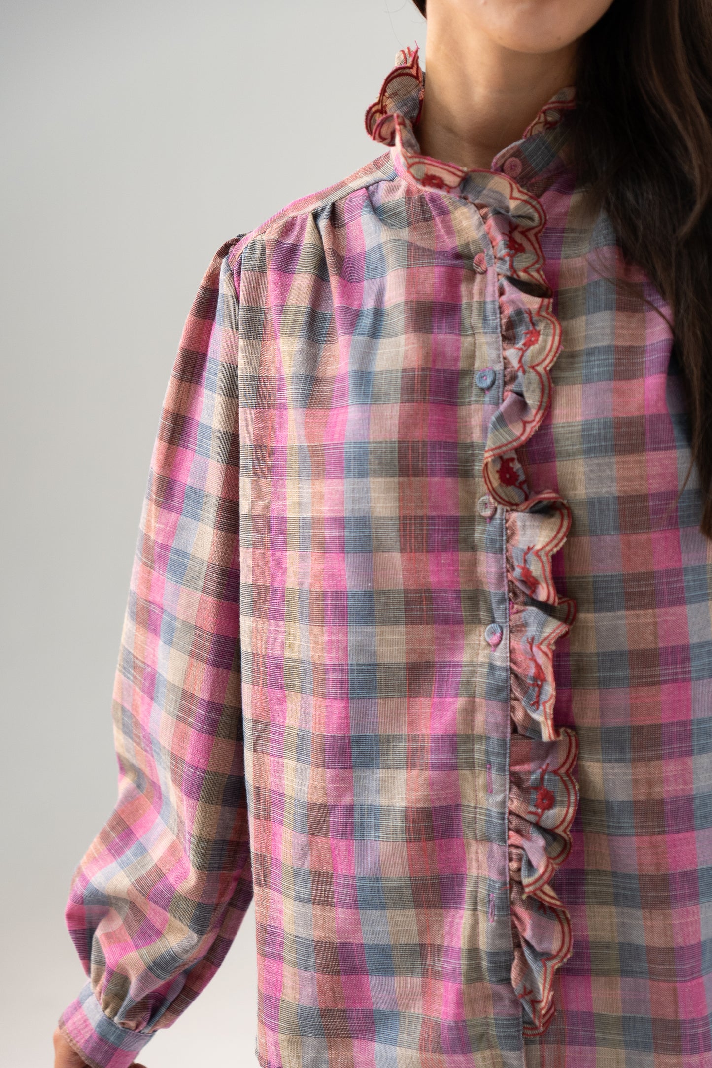Millie Ruffle Front Check Shirt In Pink Mix