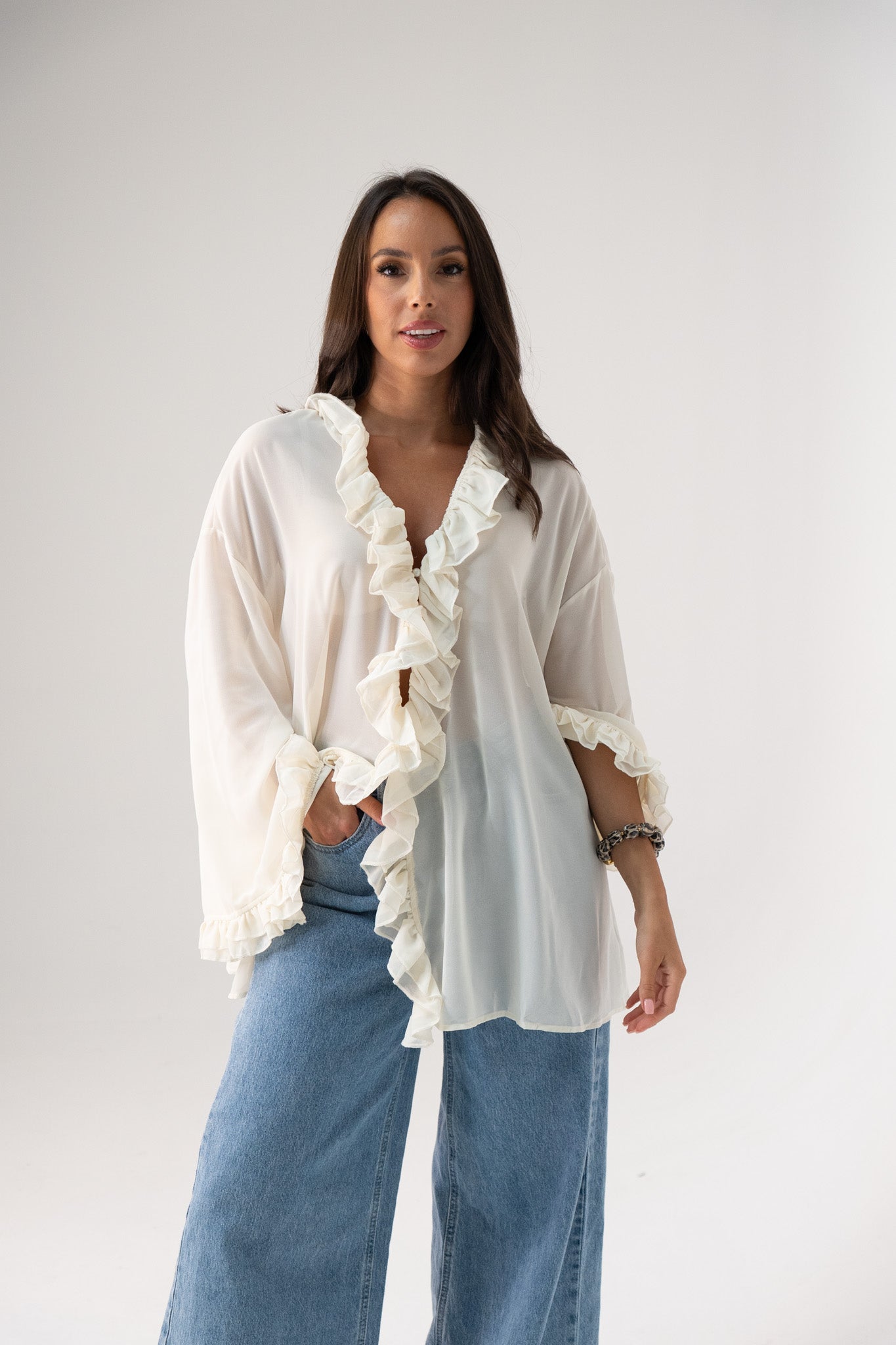 Millie Sheer Ruffle Blouse In Cream