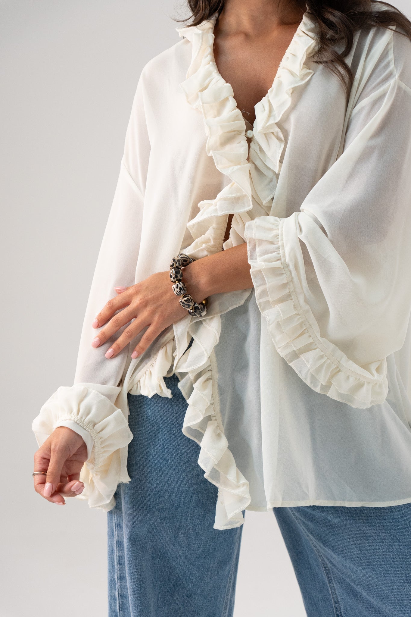 Millie Sheer Ruffle Blouse In Cream