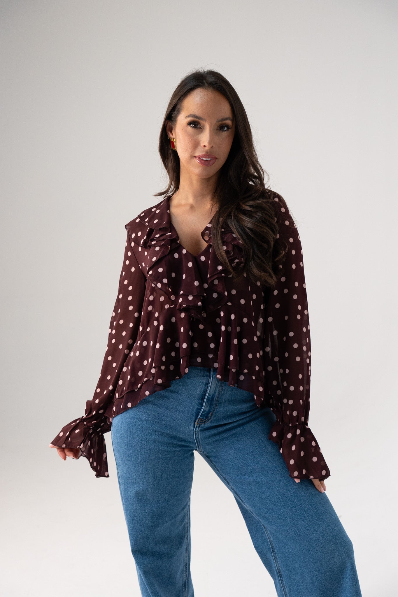 Millie Sheer Polka Dot Top In Wine