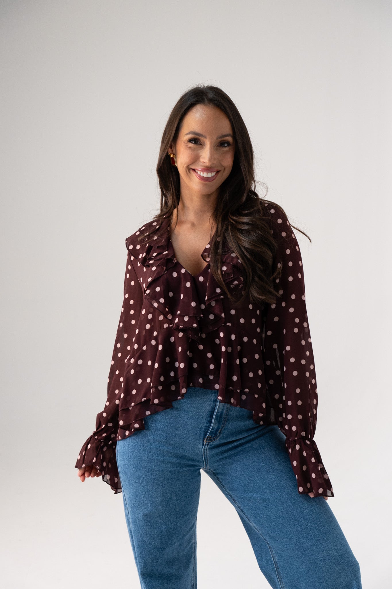 Millie Sheer Polka Dot Top In Wine