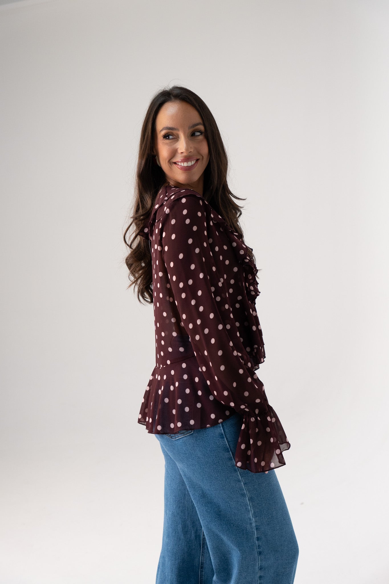 Millie Sheer Polka Dot Top In Wine