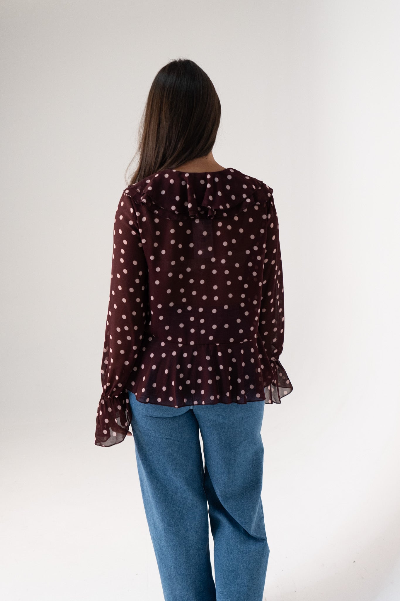Millie Sheer Polka Dot Top In Wine