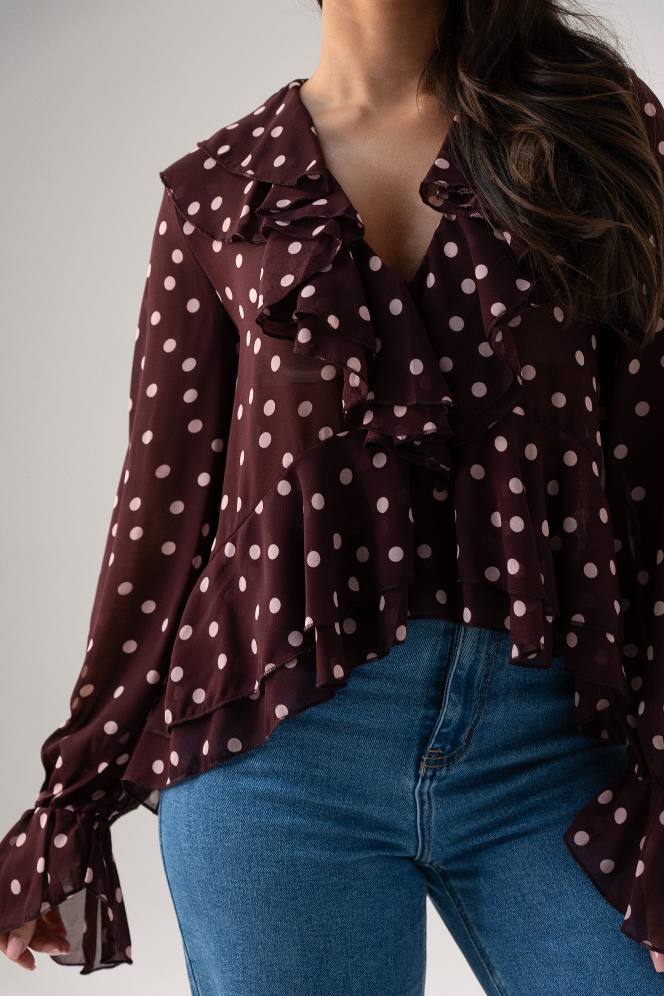 Millie Sheer Polka Dot Top In Wine