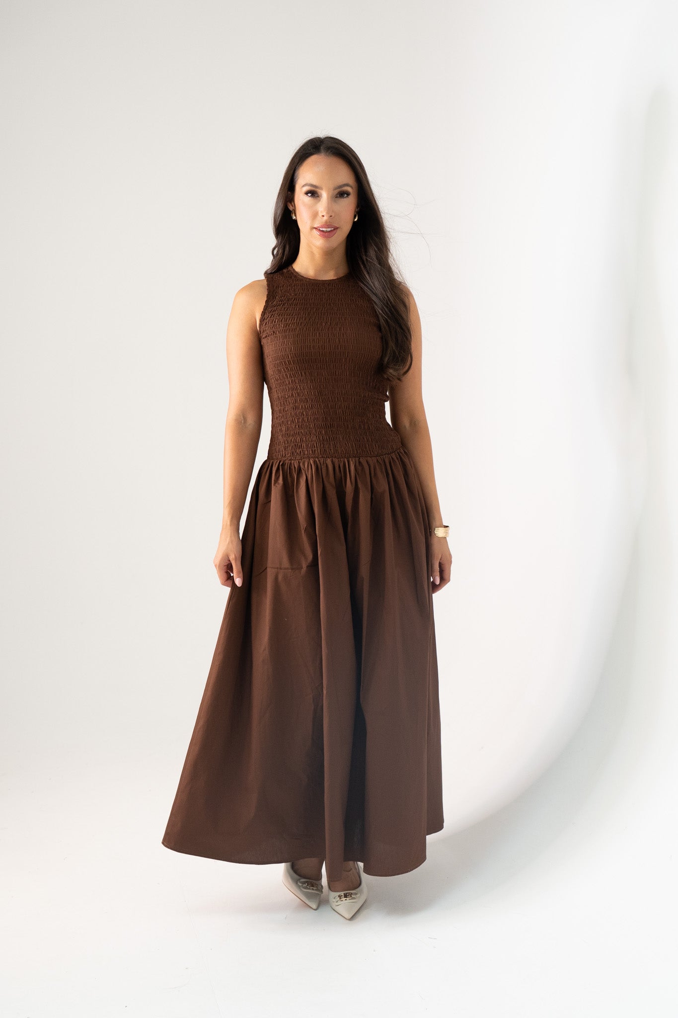 Millie Smock Detail Dress In Coffee
