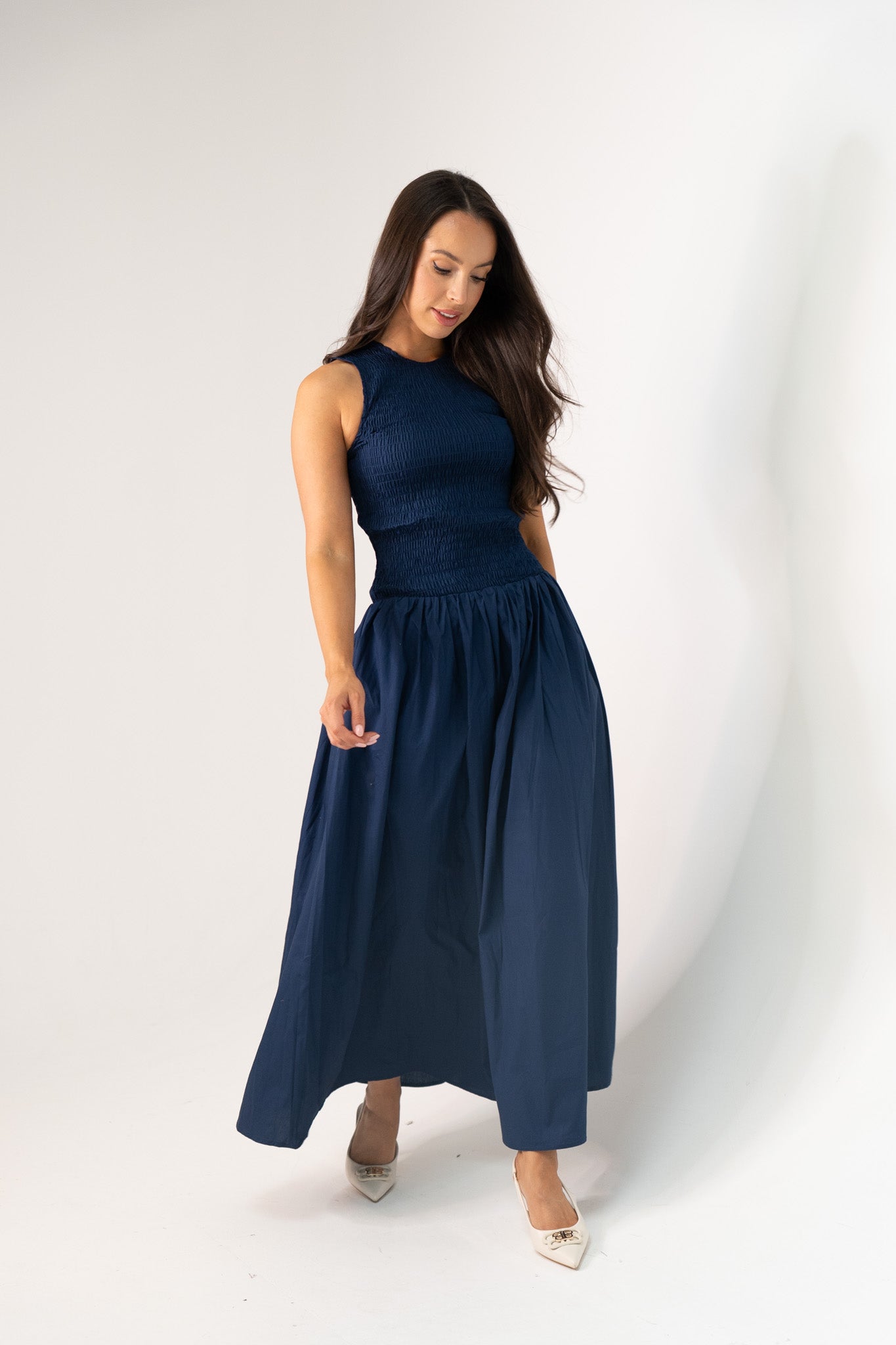 Millie Smock Detail Dress In Navy
