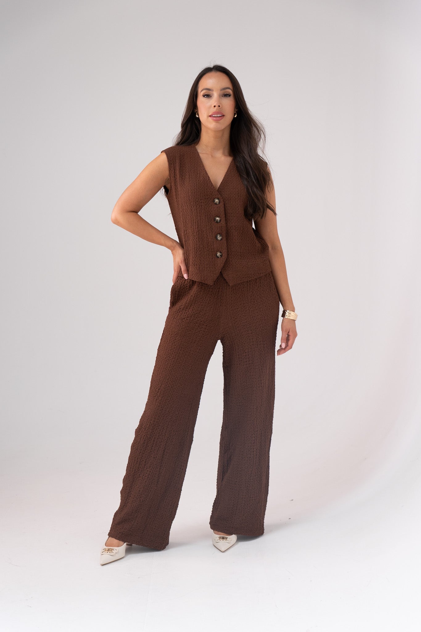 Millie Waffle Texture Trousers In Coffee