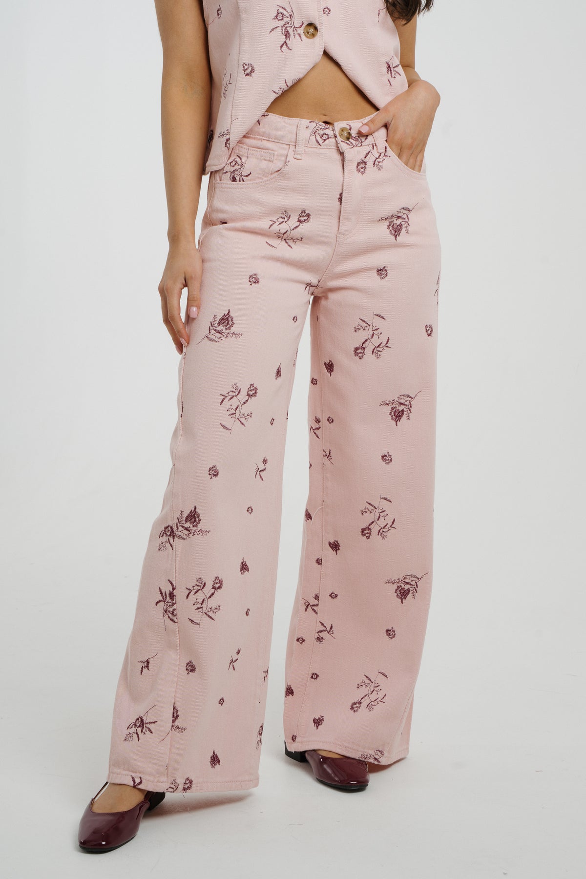 Millie Wide Leg Floral Jeans In Pink