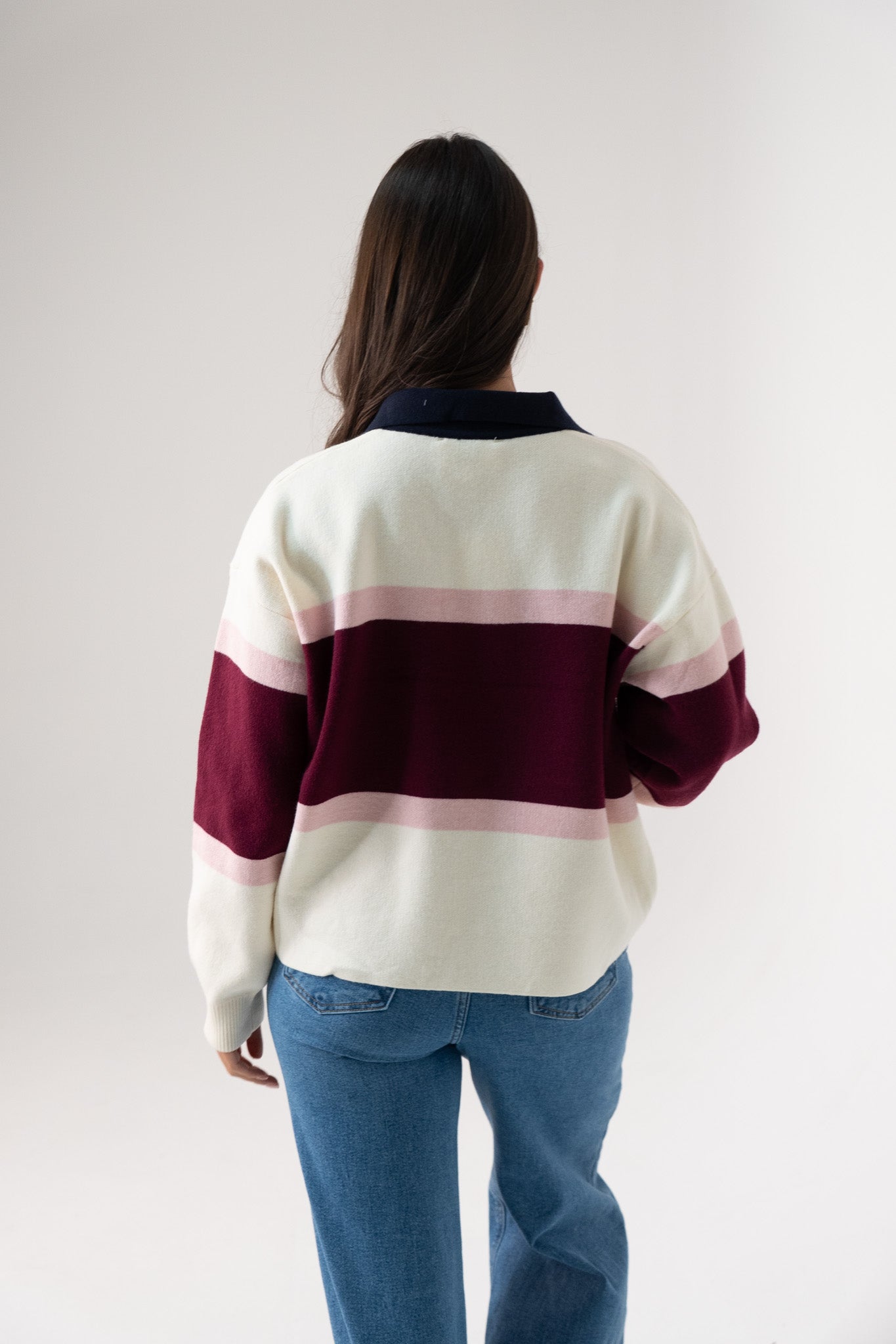 Millie Wine Stripe Rugby Top In Cream