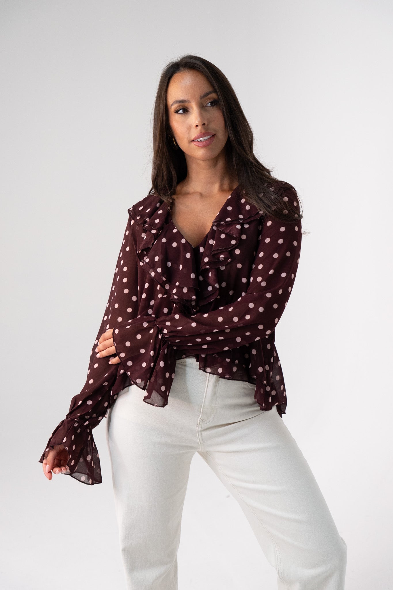 Millie Polka Dot Peplum Ruffle Top In Wine