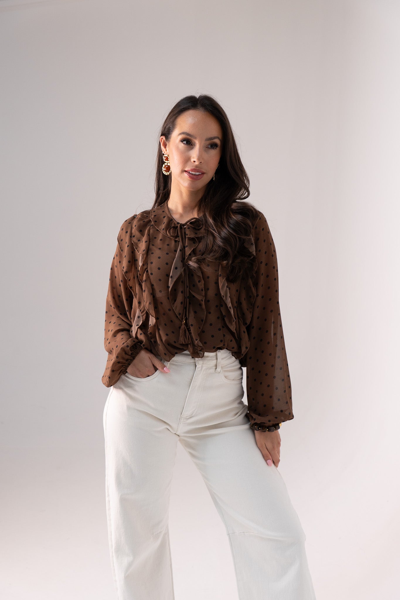 Millie Ruffled Polka Dot Blouse In Coffee