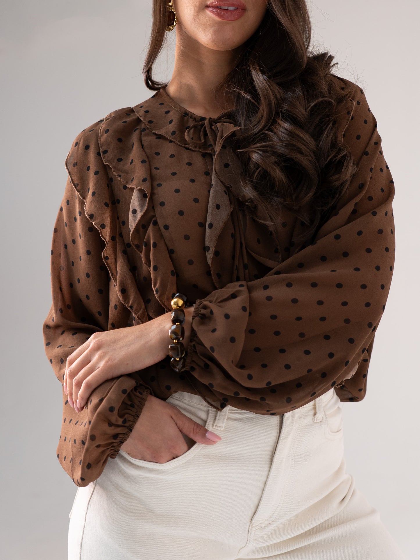 Millie Ruffled Polka Dot Blouse In Coffee