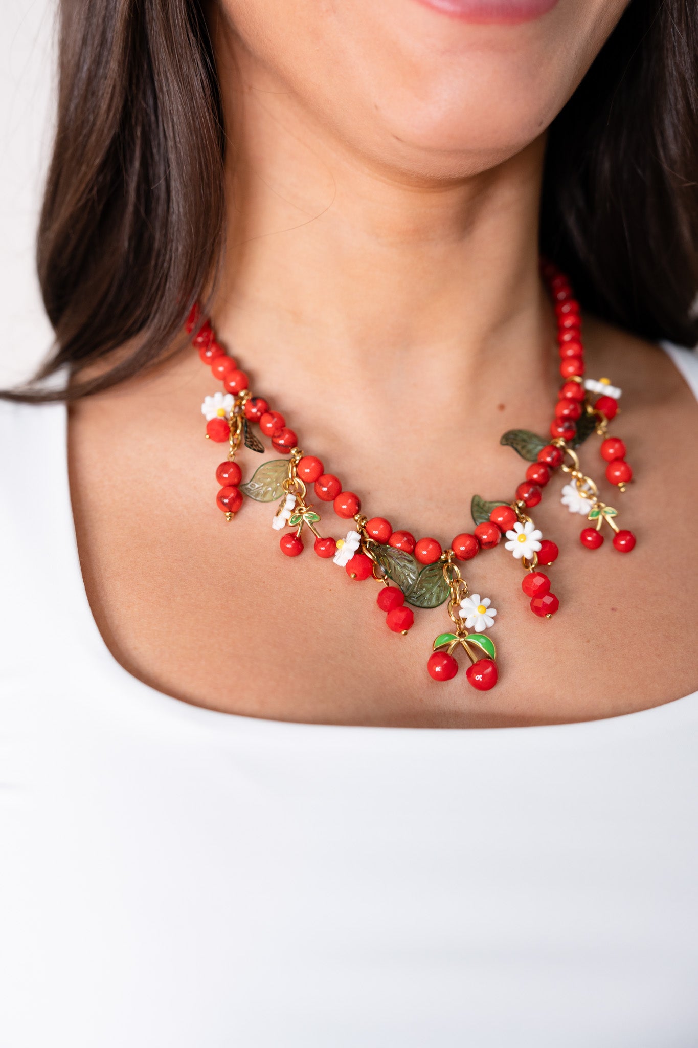 Olive Cherry Charm Necklace In Red