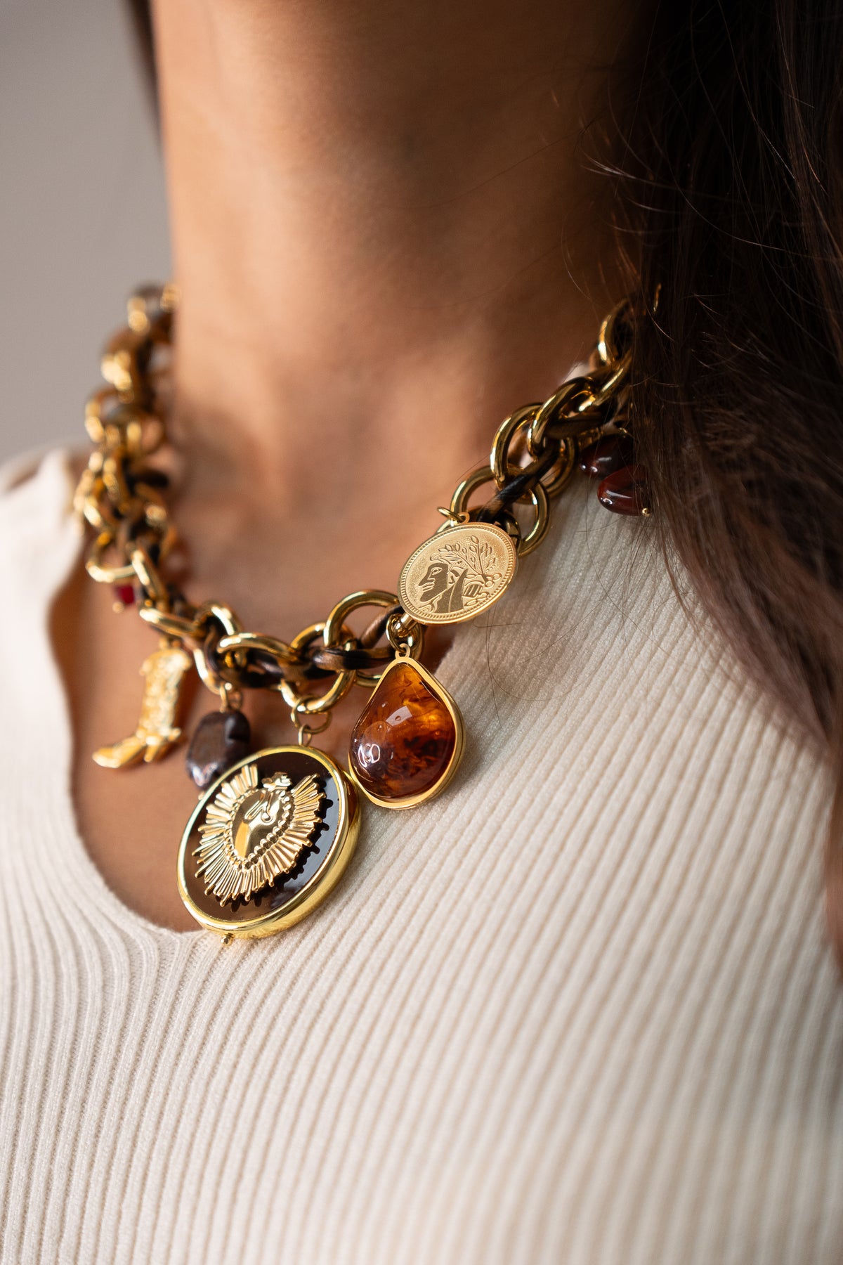 Olive Leopard Print Charm Necklace In Gold