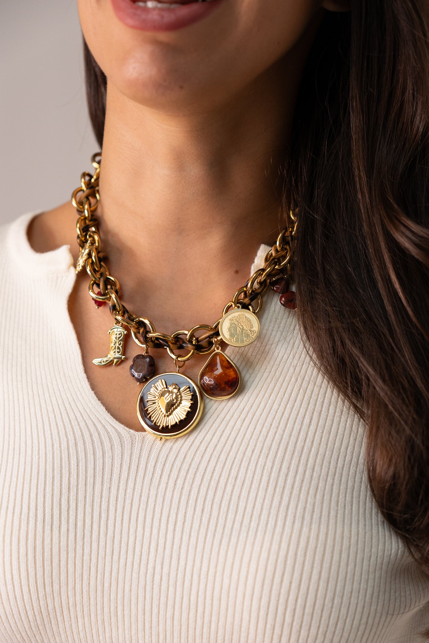 Olive Leopard Print Charm Necklace In Gold