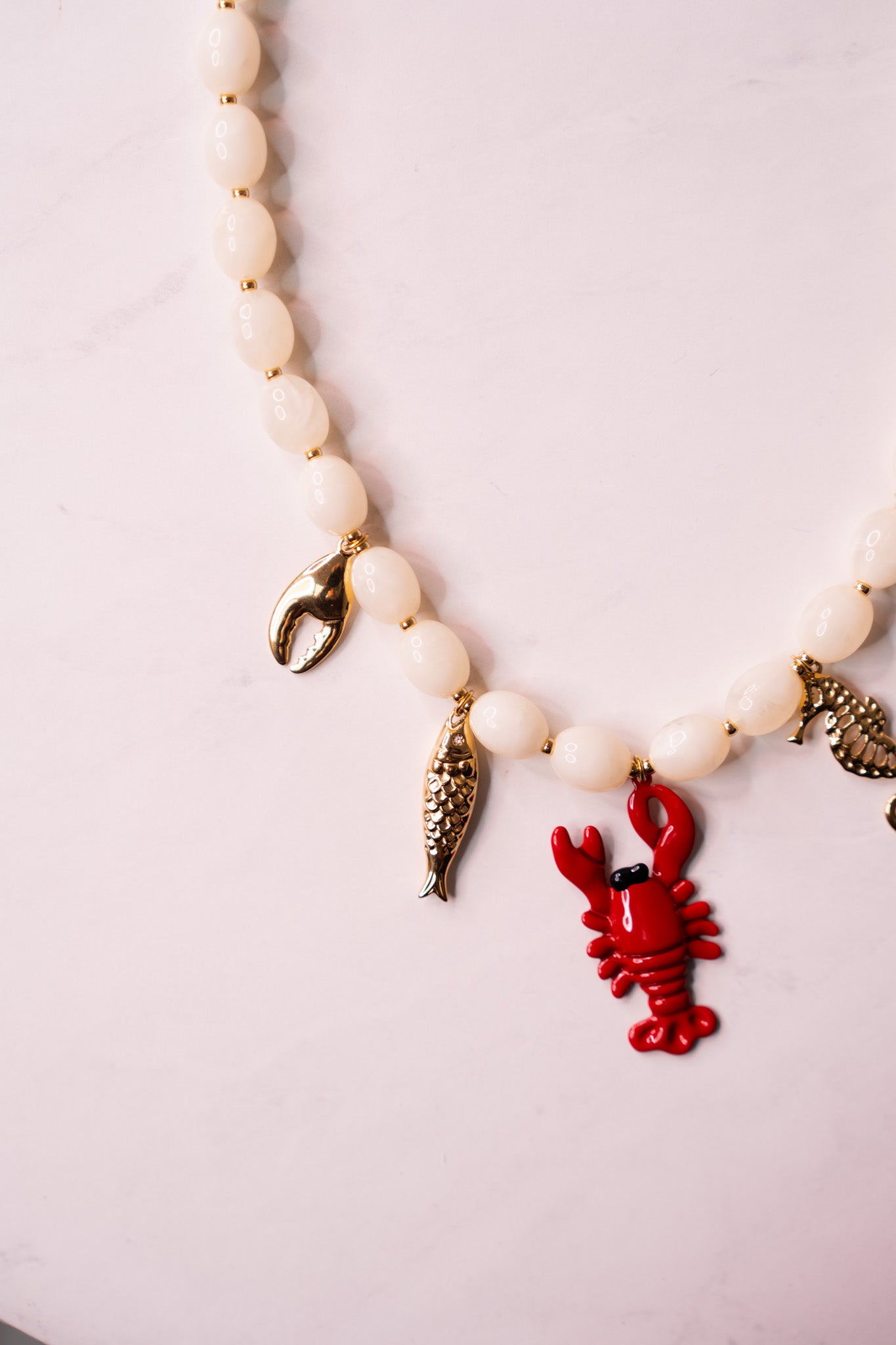 Olive Lobster Charm Necklace In White