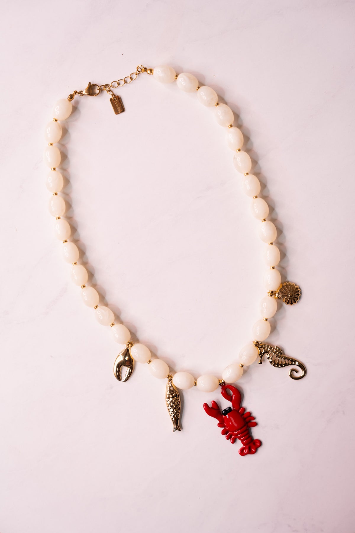 Olive Lobster Charm Necklace In White