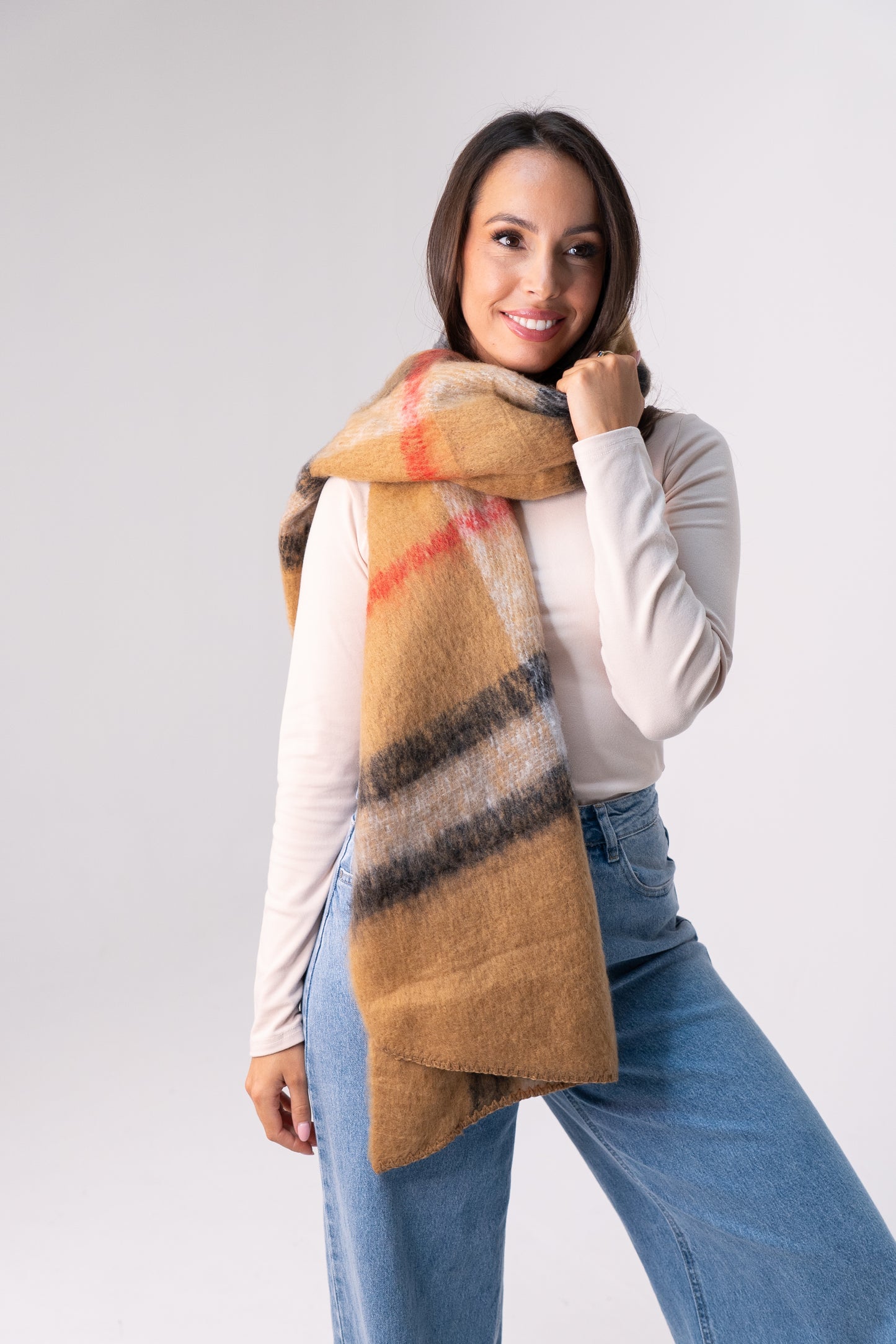 Orla Check Scarf In Beige Mix