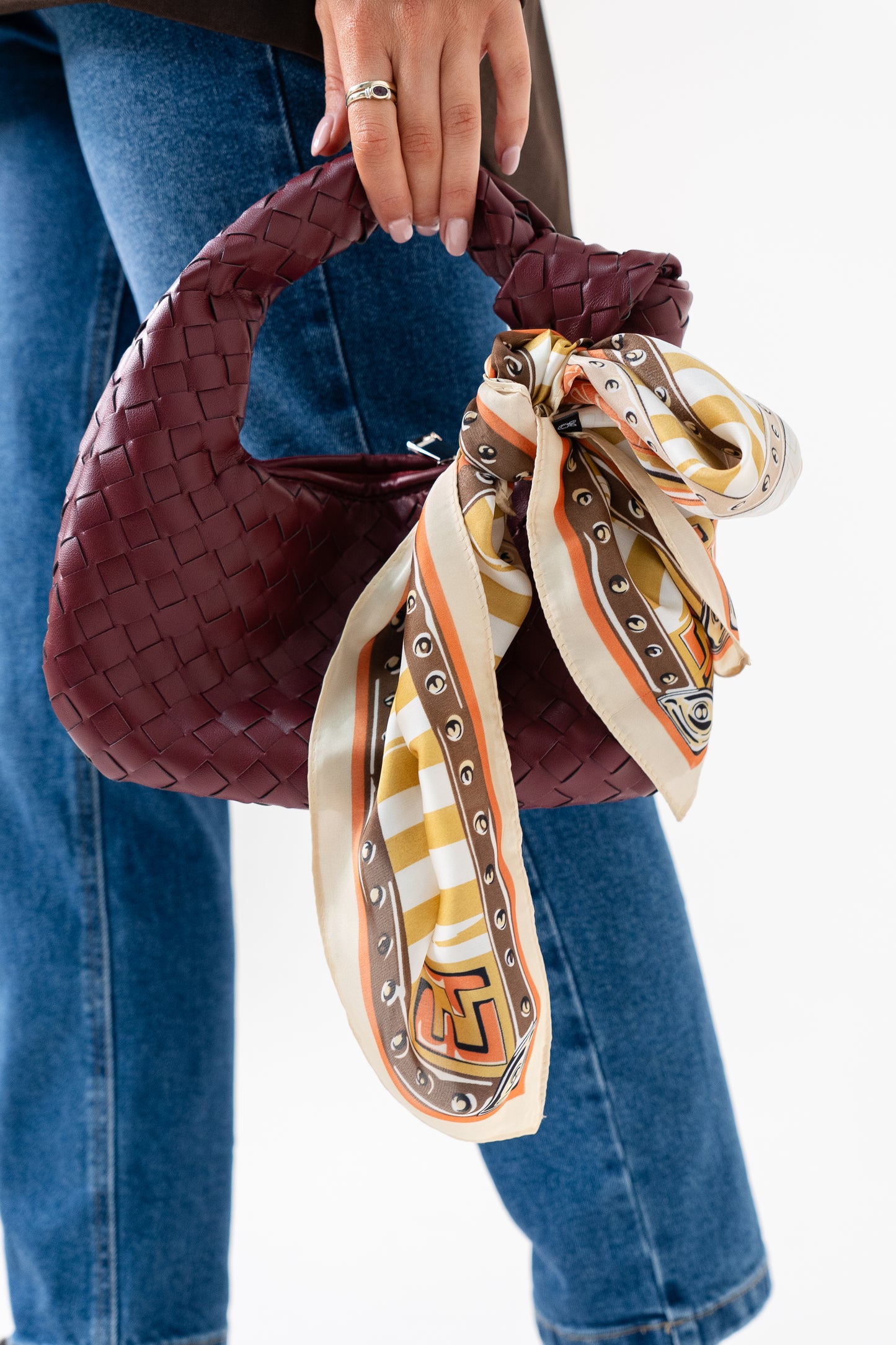 Orla Handbag Print Neck Scarf In Taupe Mix