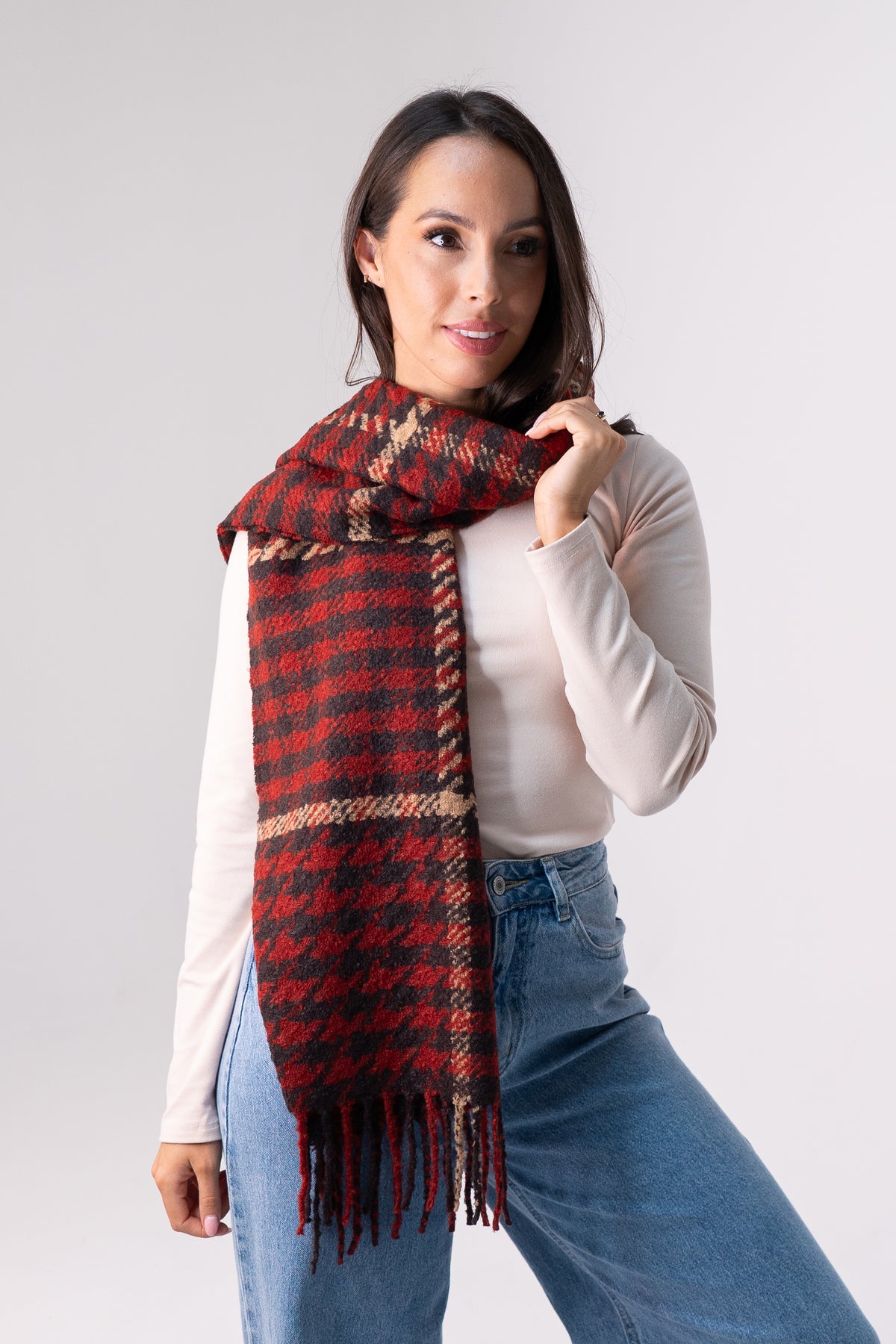 Orla Houndstooth Scarf In Red Mix