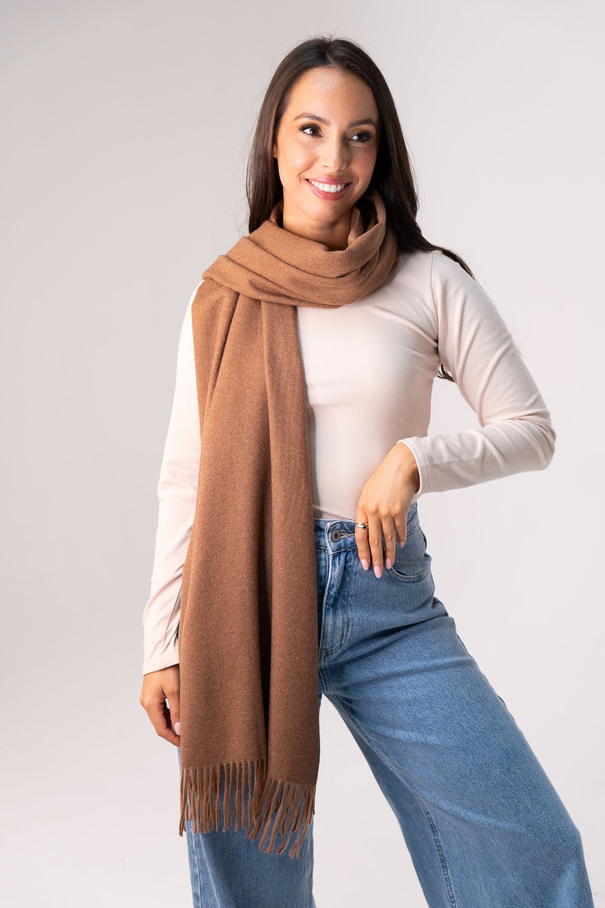 Orla Luxe Tassel Scarf In Camel