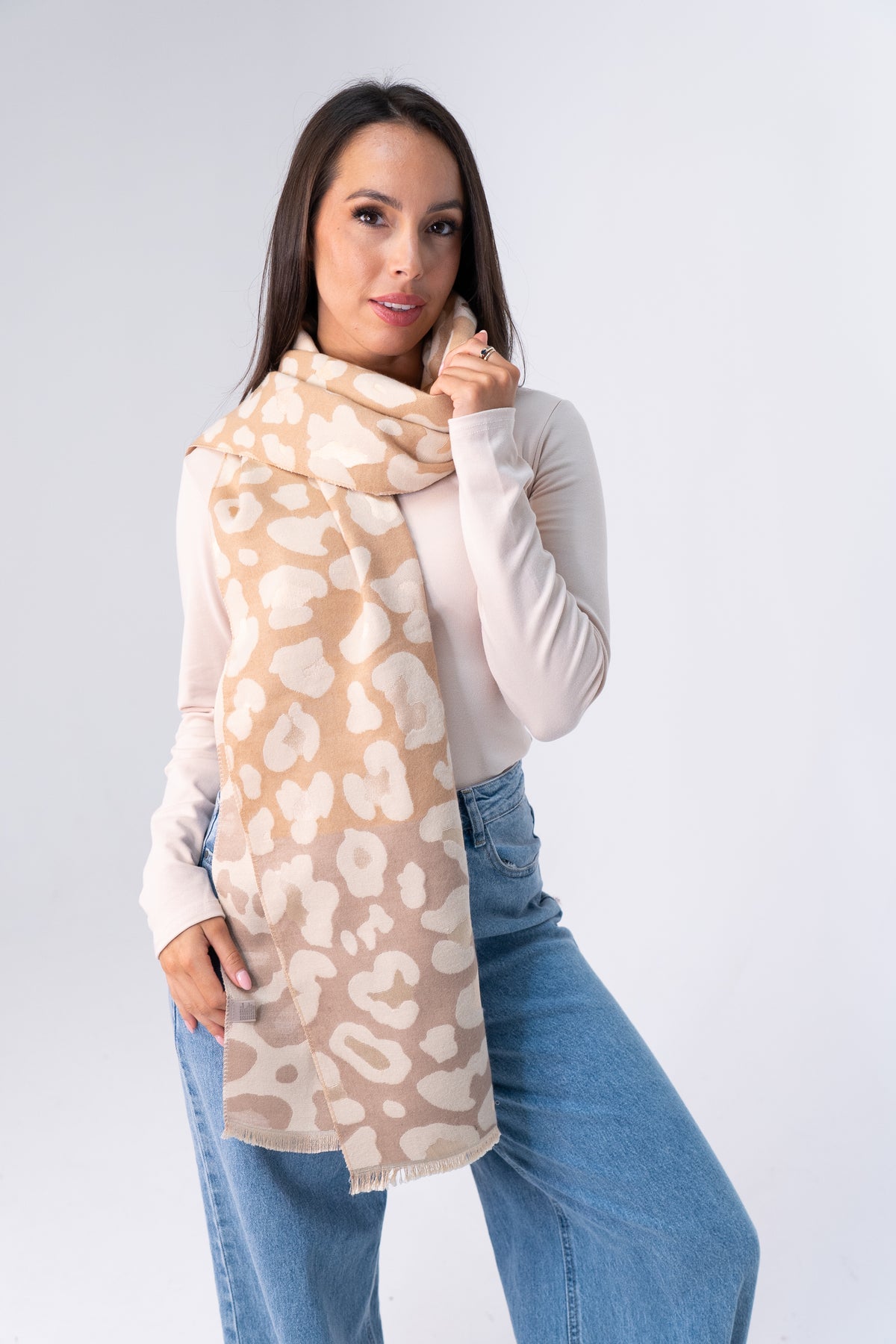 Orla Printed Wide Scarf In Taupe Mix