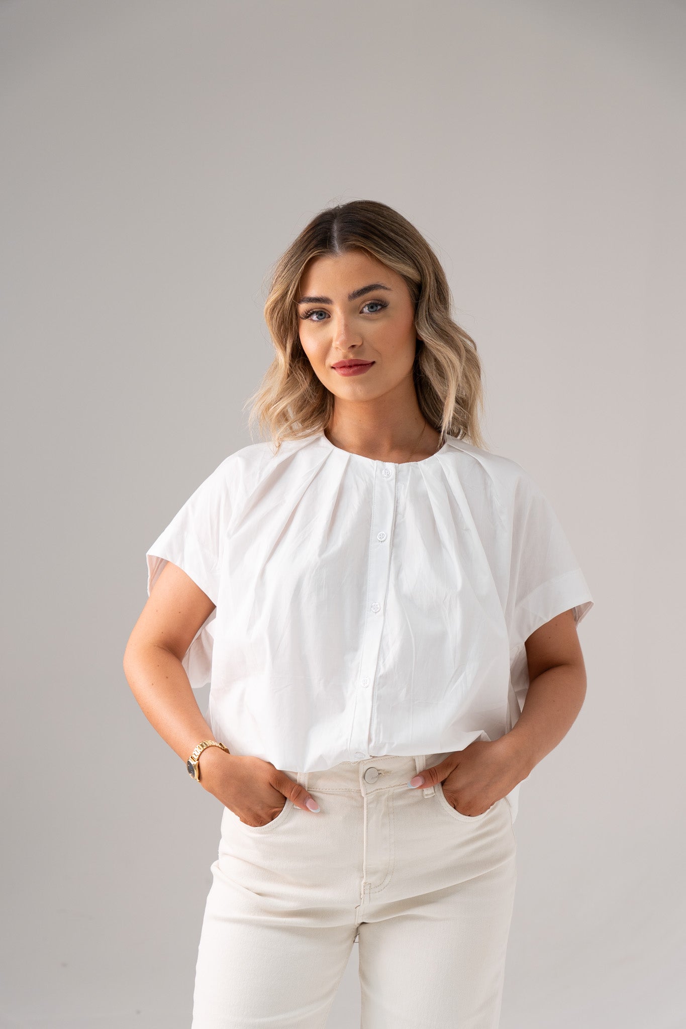 Paige Pleat Front Blouse In White